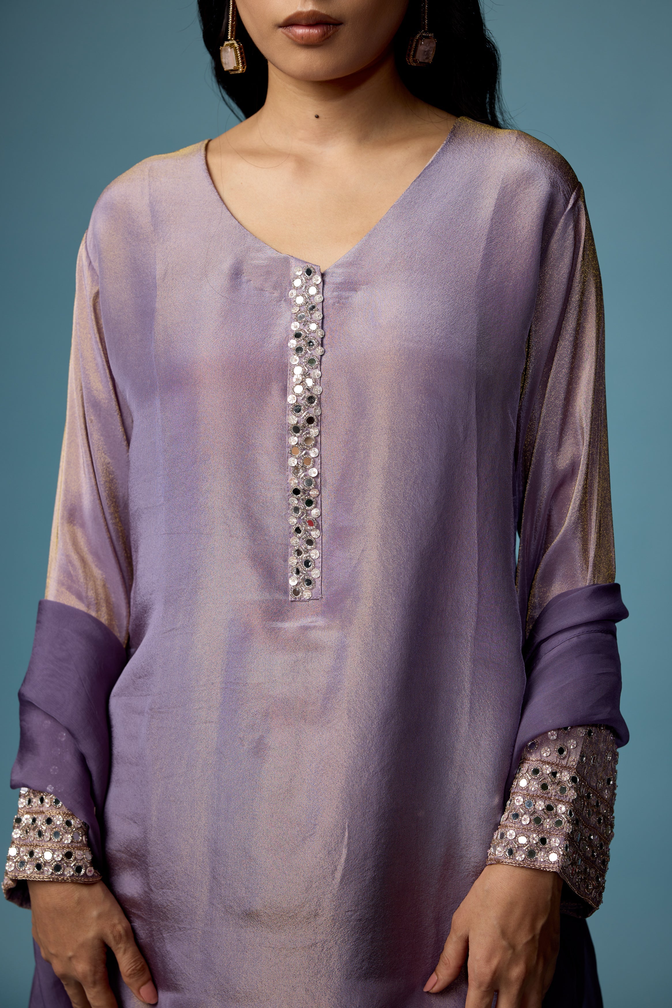 Mauve Glow Embellished Shimmer Tissue Silk Pant Set