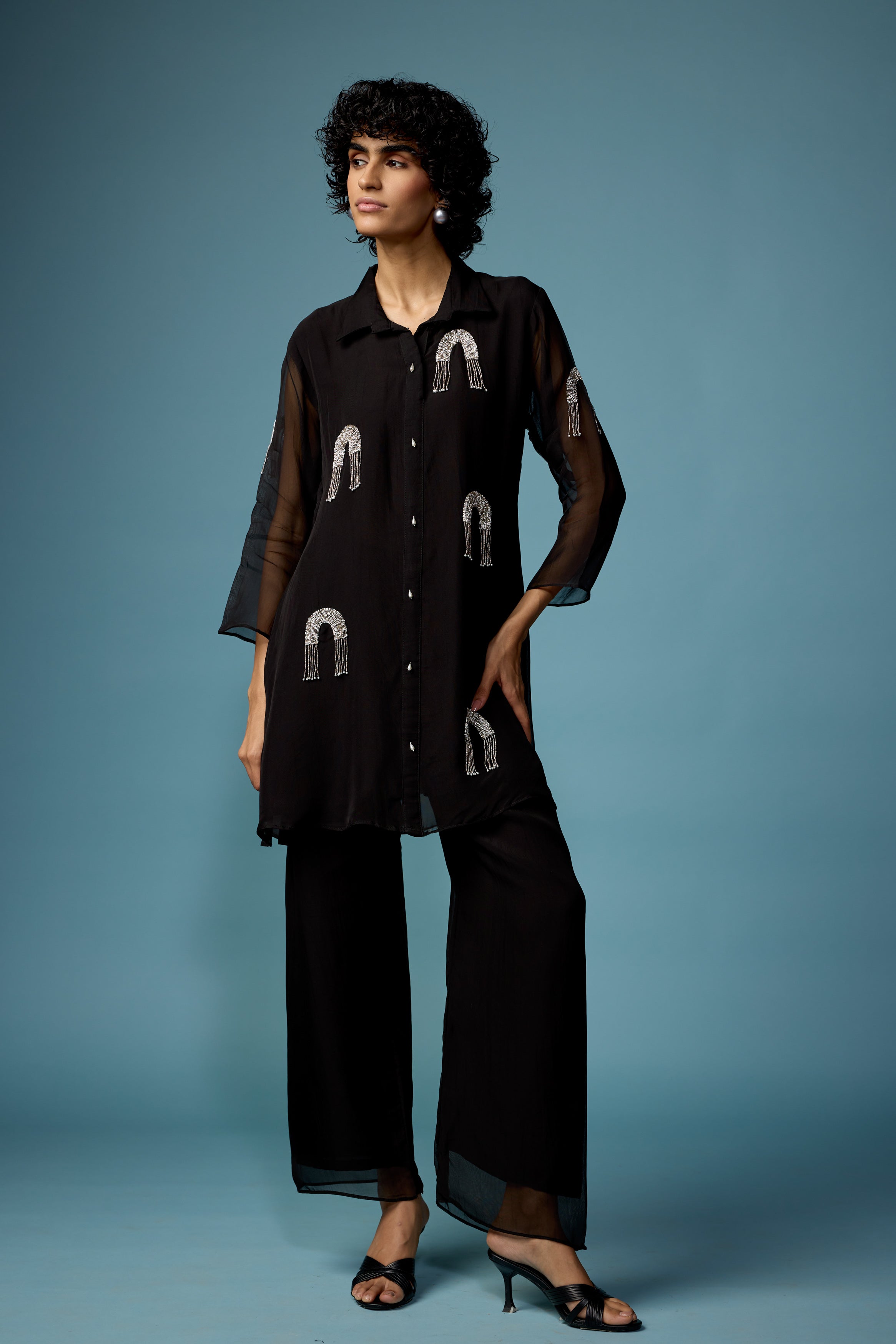 Classic Black Embellished Soft Organza Silk Co-Ord Set