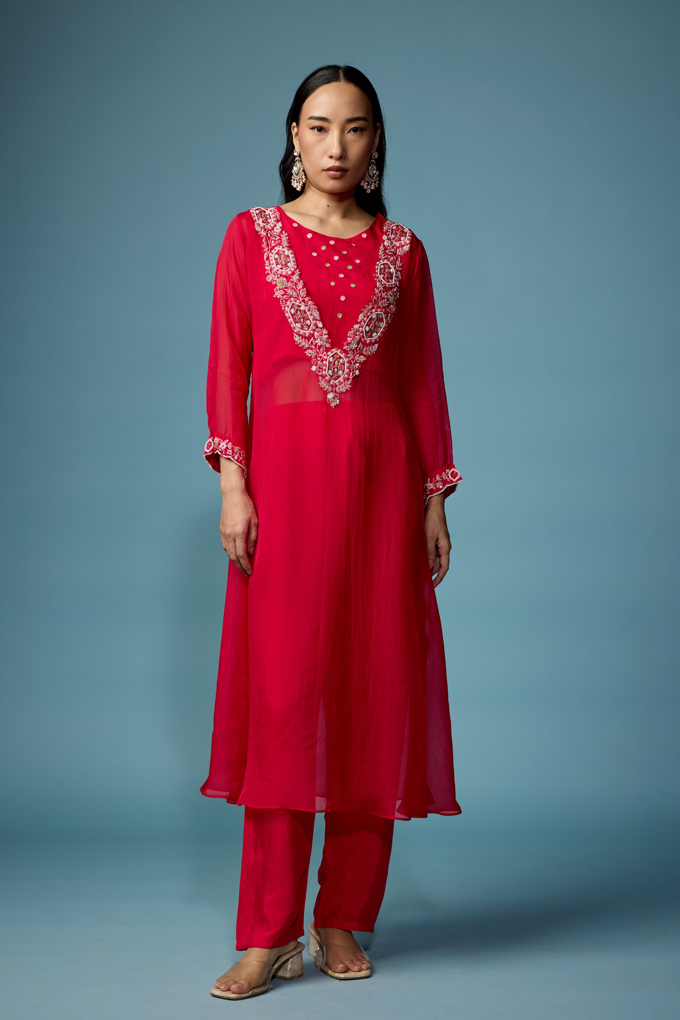 Raspberry Pink Embellished Soft Organza Silk Pant Set