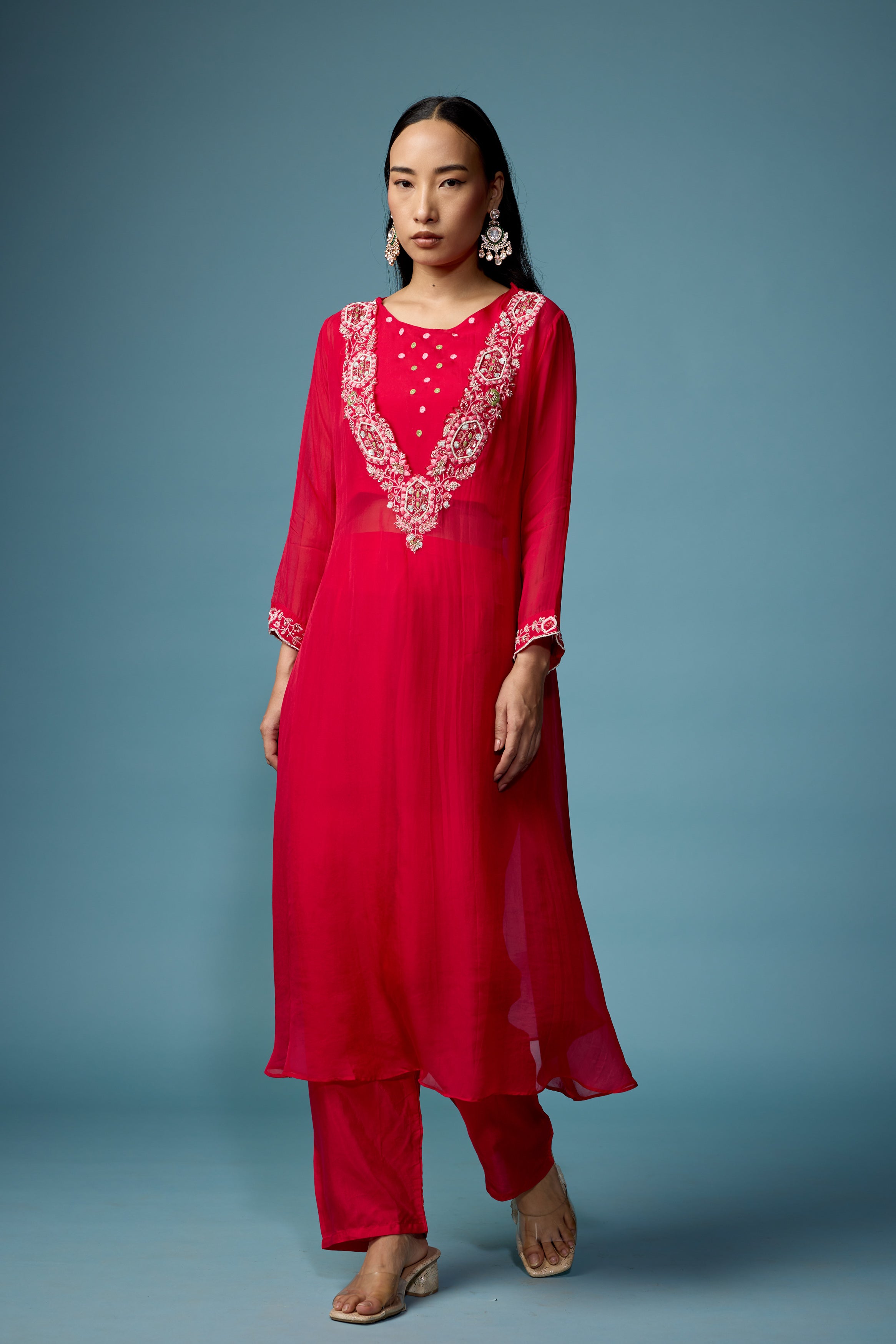 Raspberry Pink Embellished Soft Organza Silk Pant Set