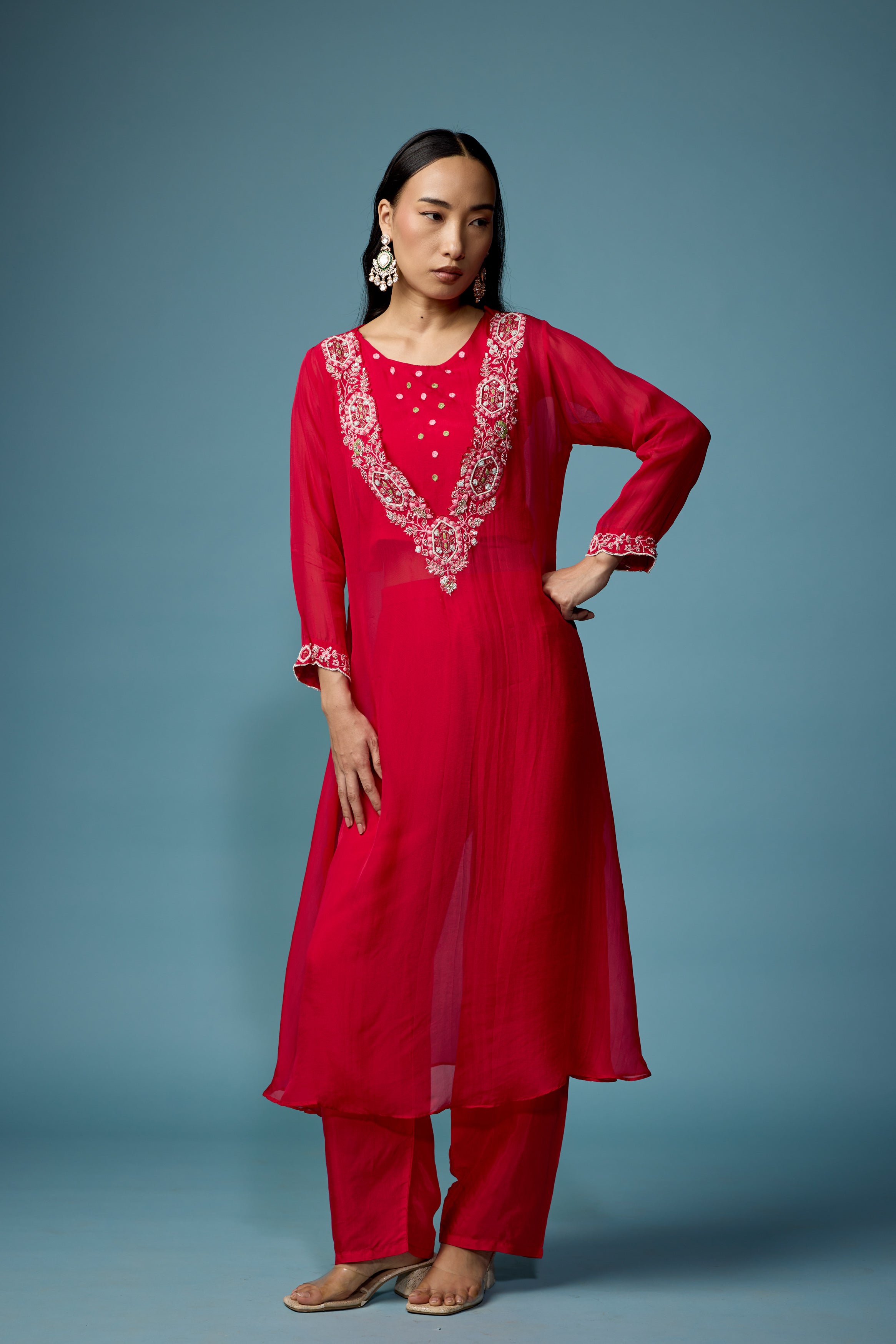 Raspberry Pink Embellished Soft Organza Silk Pant Set