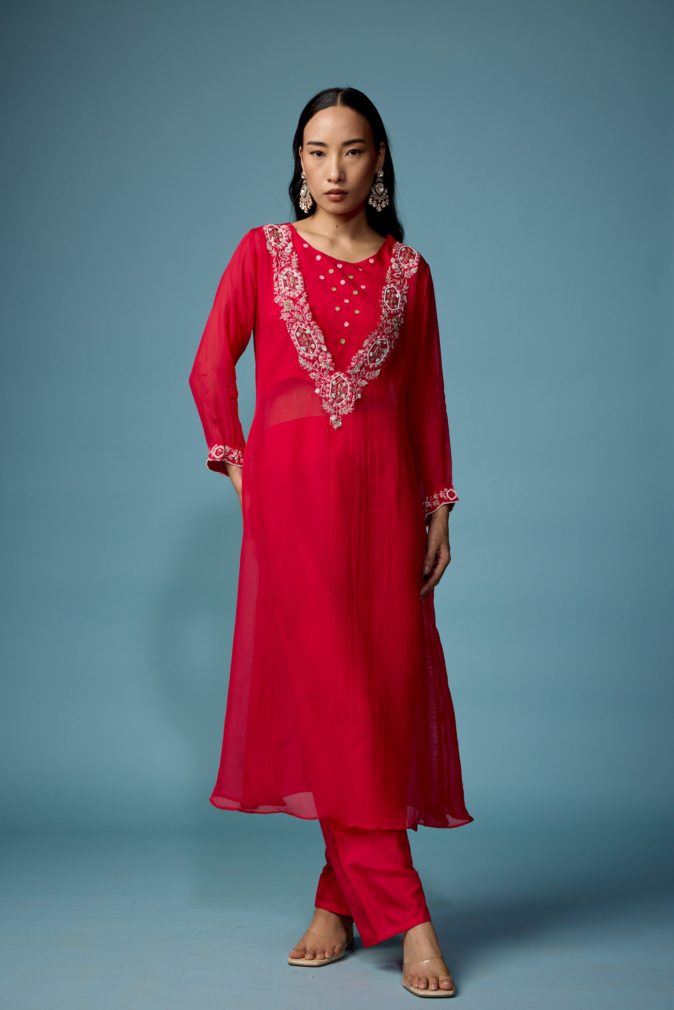 Raspberry Pink Embellished Soft Organza Silk Pant Set