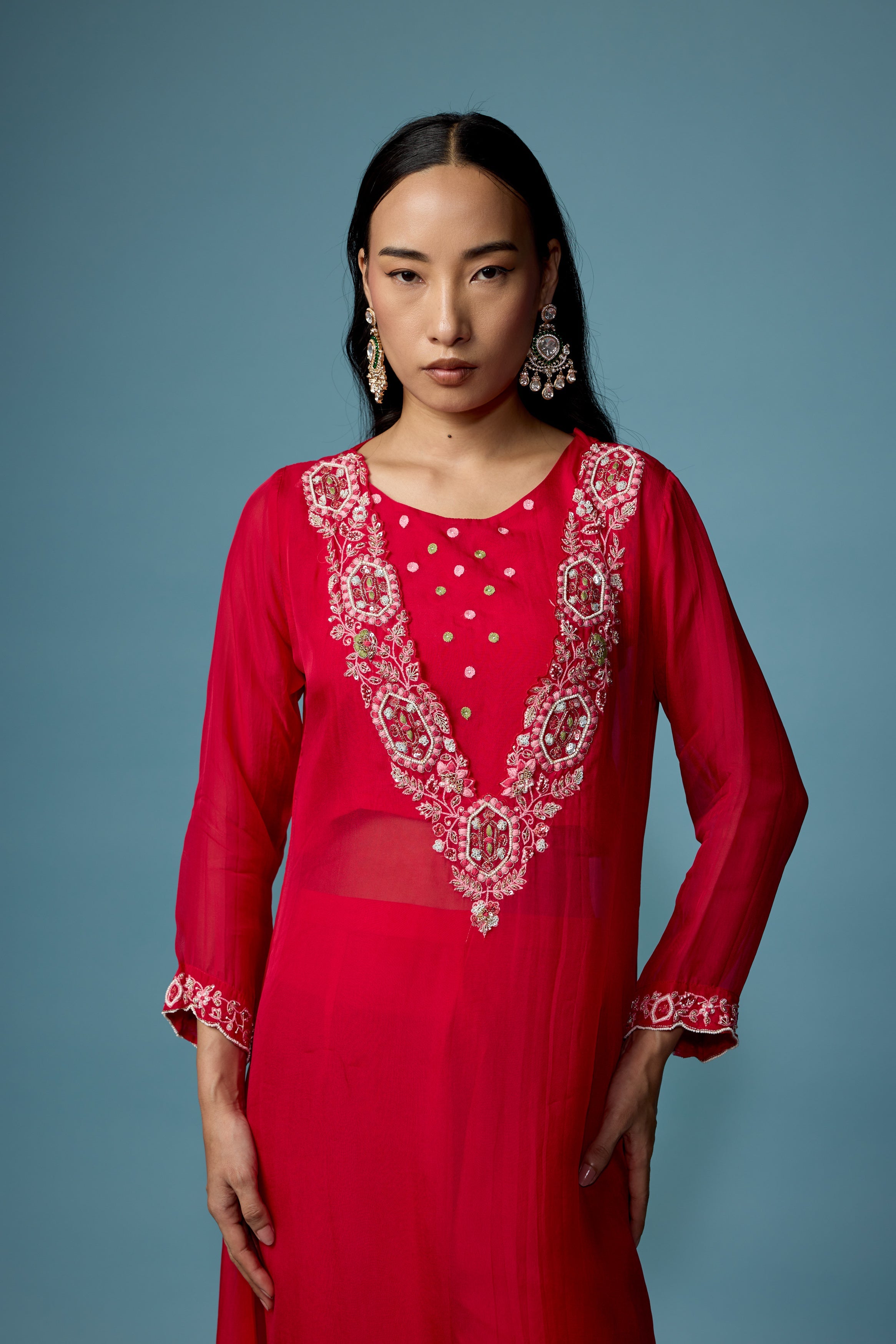 Raspberry Pink Embellished Soft Organza Silk Pant Set