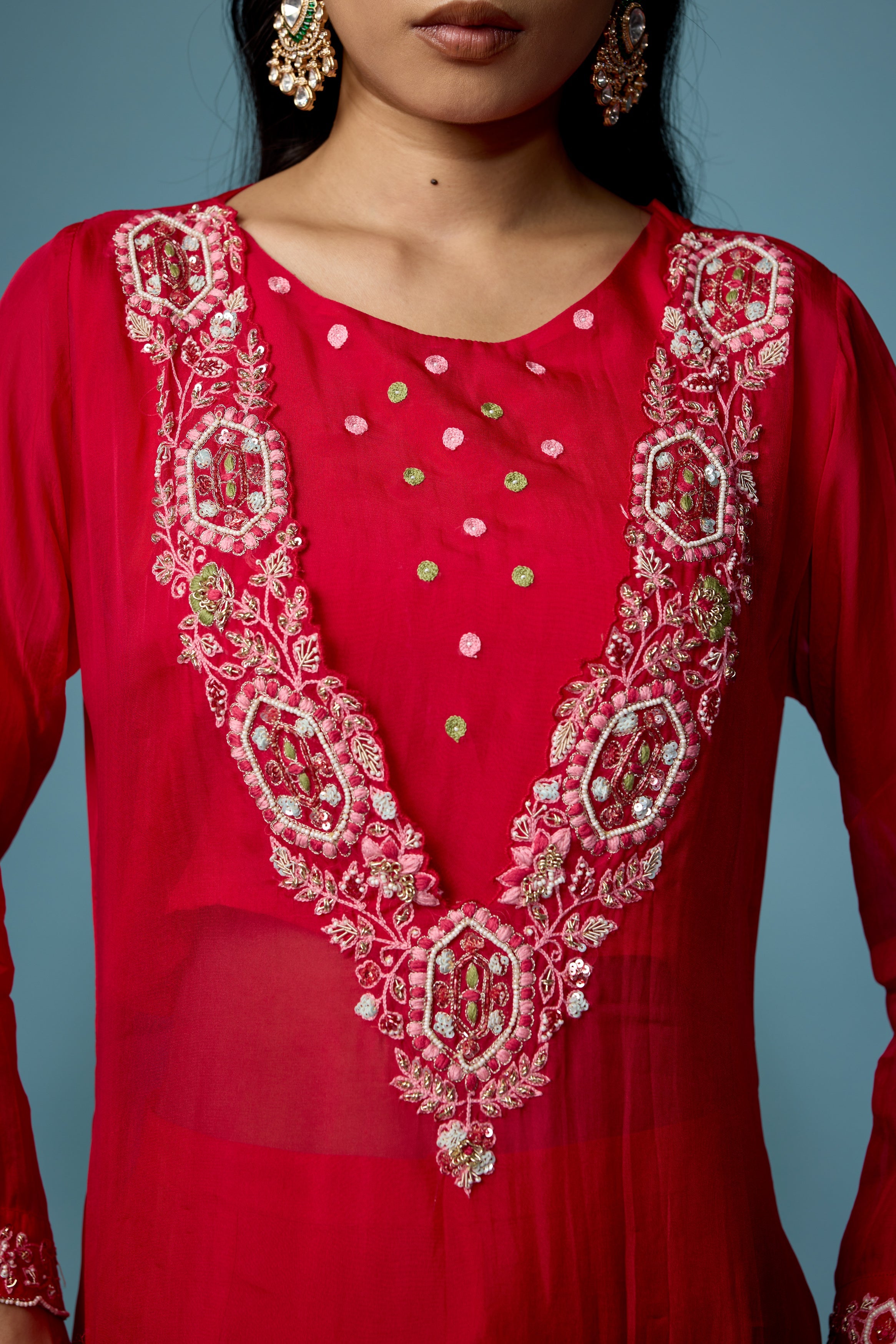 Raspberry Pink Embellished Soft Organza Silk Pant Set