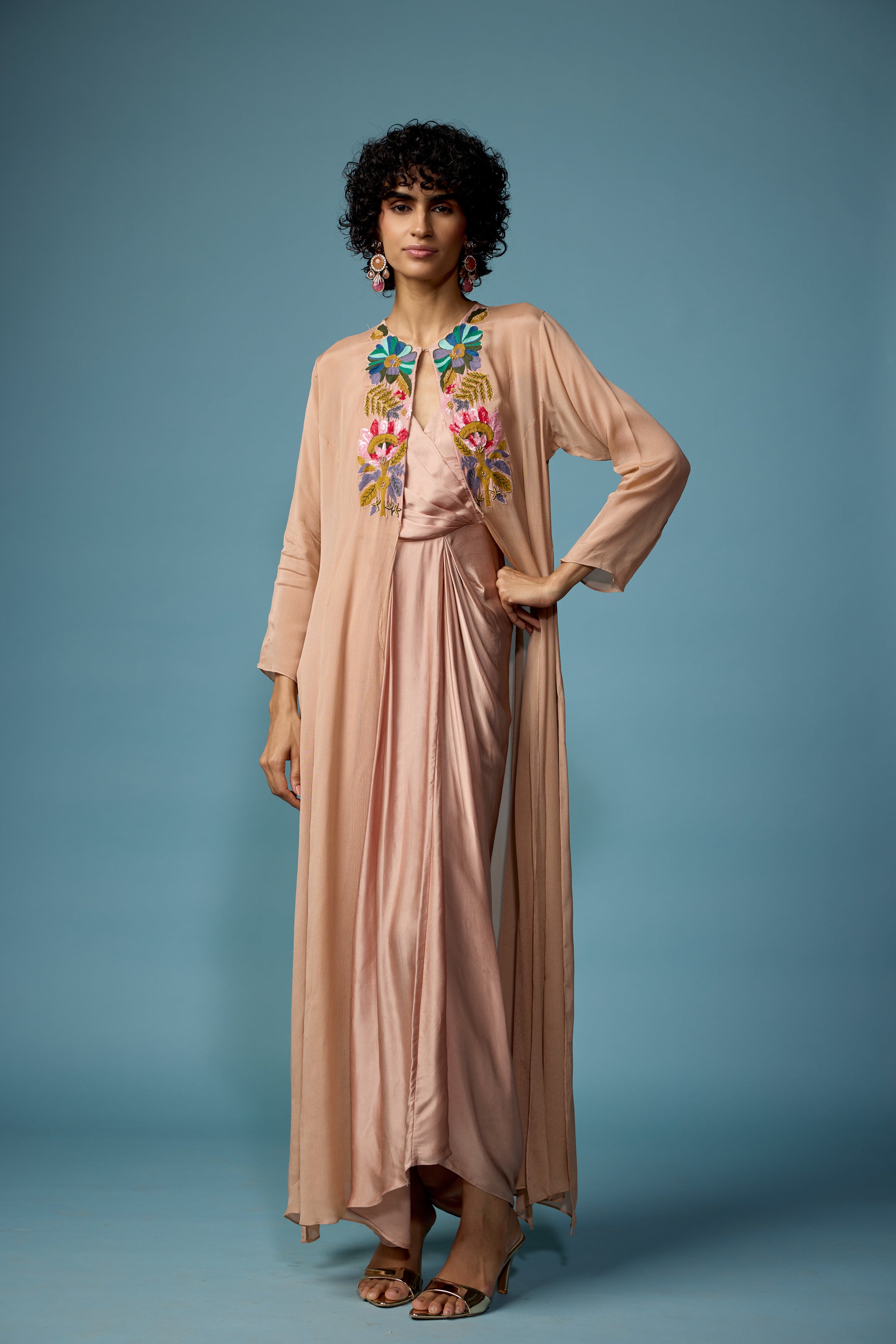 Blush Pink Embroidered Satin Silk Dress