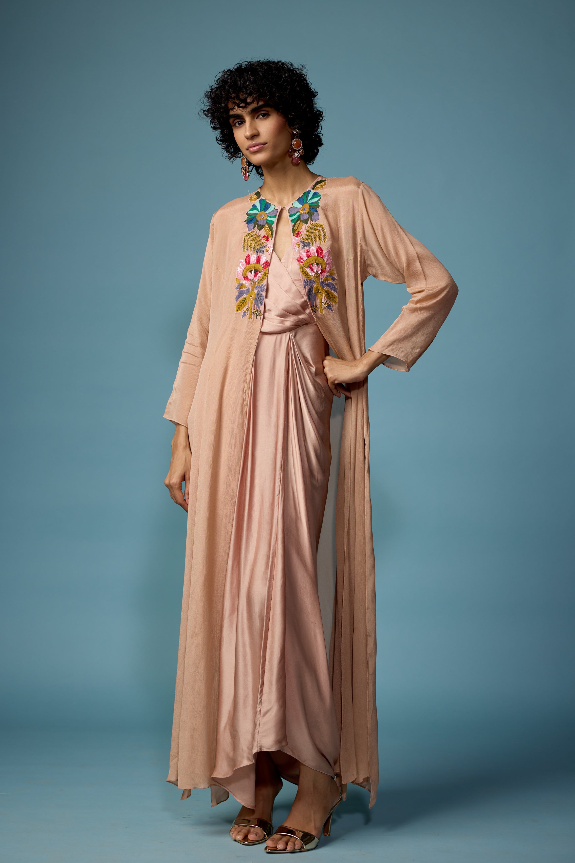 Blush Pink Embroidered Satin Silk Dress