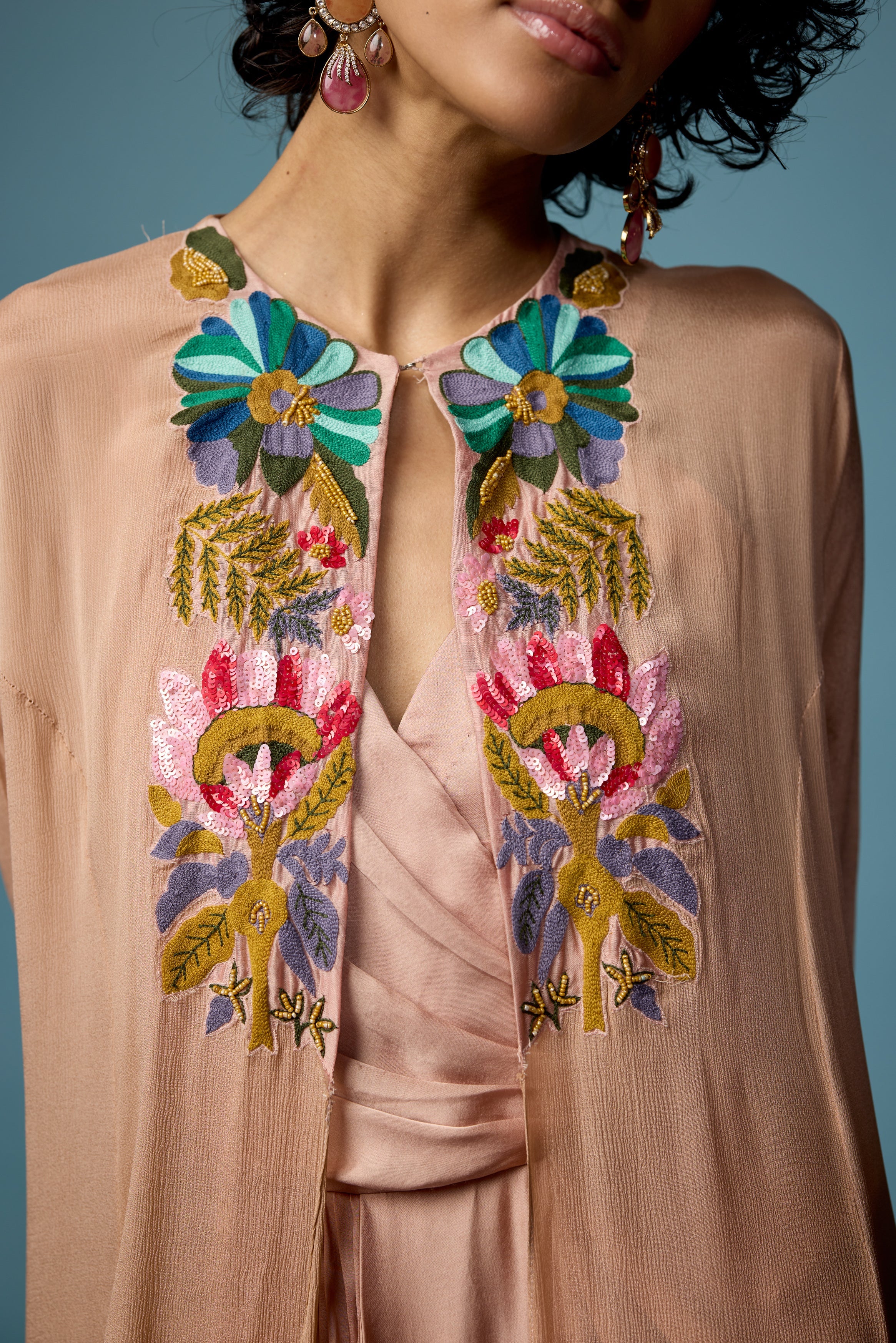 Blush Pink Embroidered Satin Silk Dress
