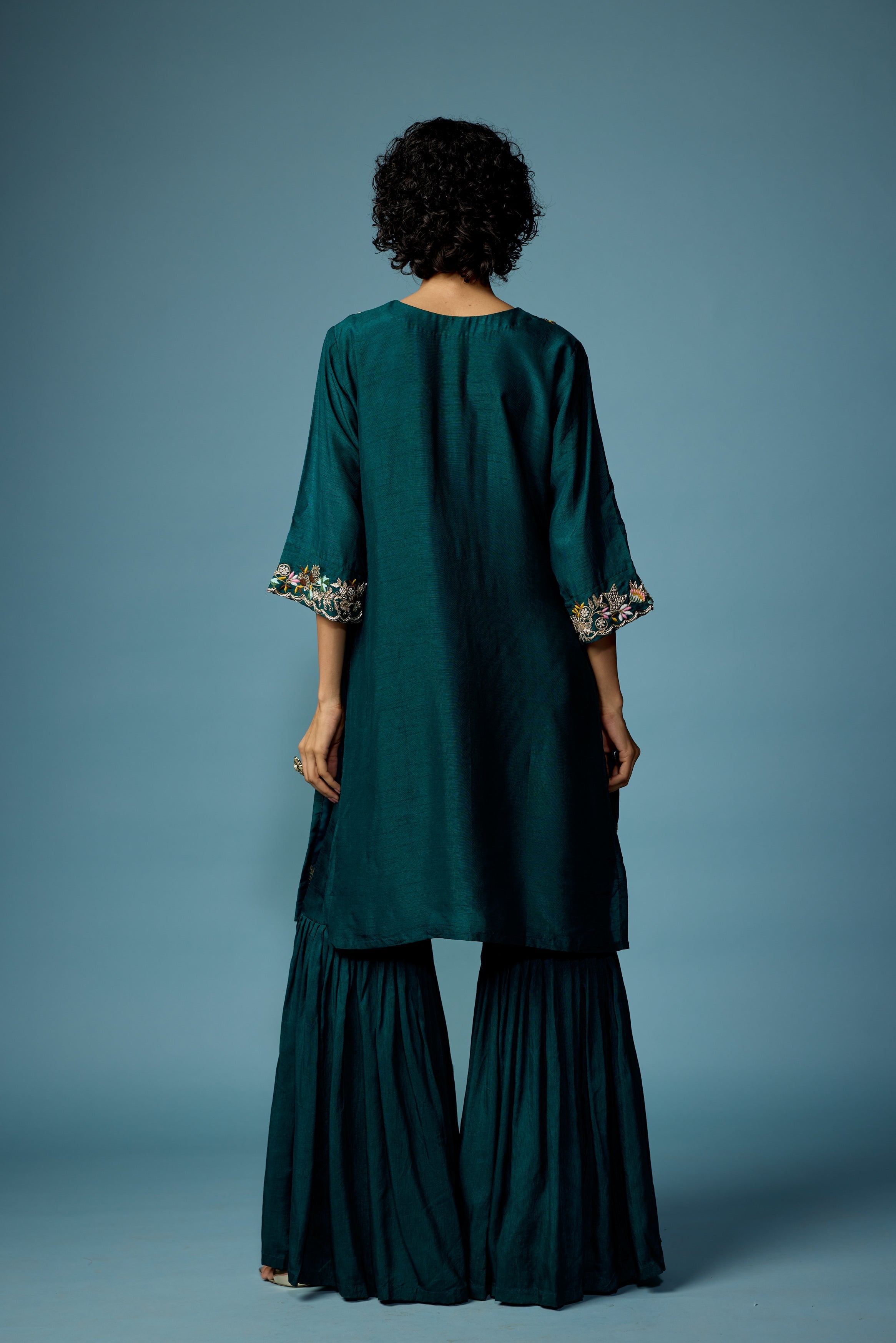 Bottle Green embellished Raw Silk Cape Set