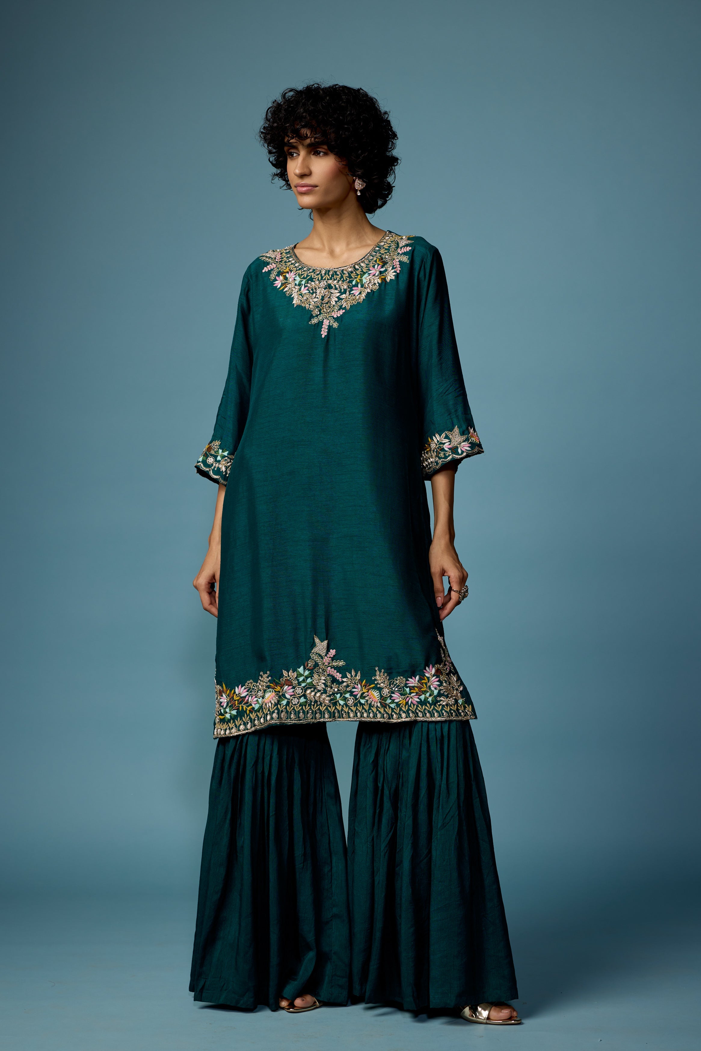 Bottle Green embellished Raw Silk Cape Set