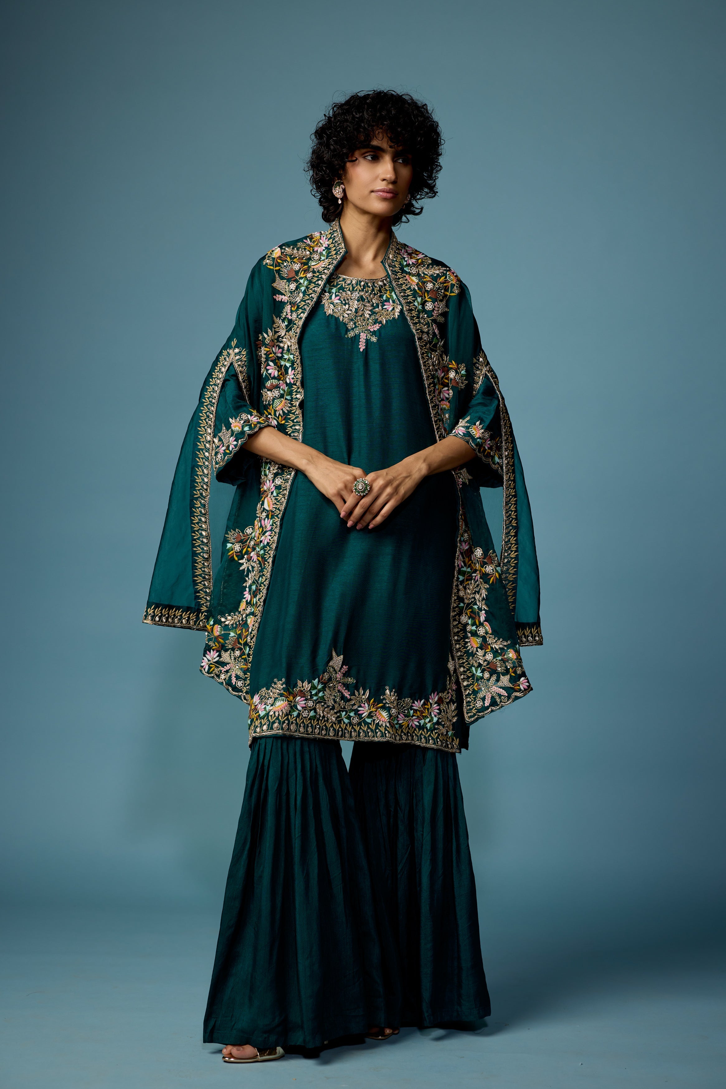 Bottle Green embellished Raw Silk Cape Set