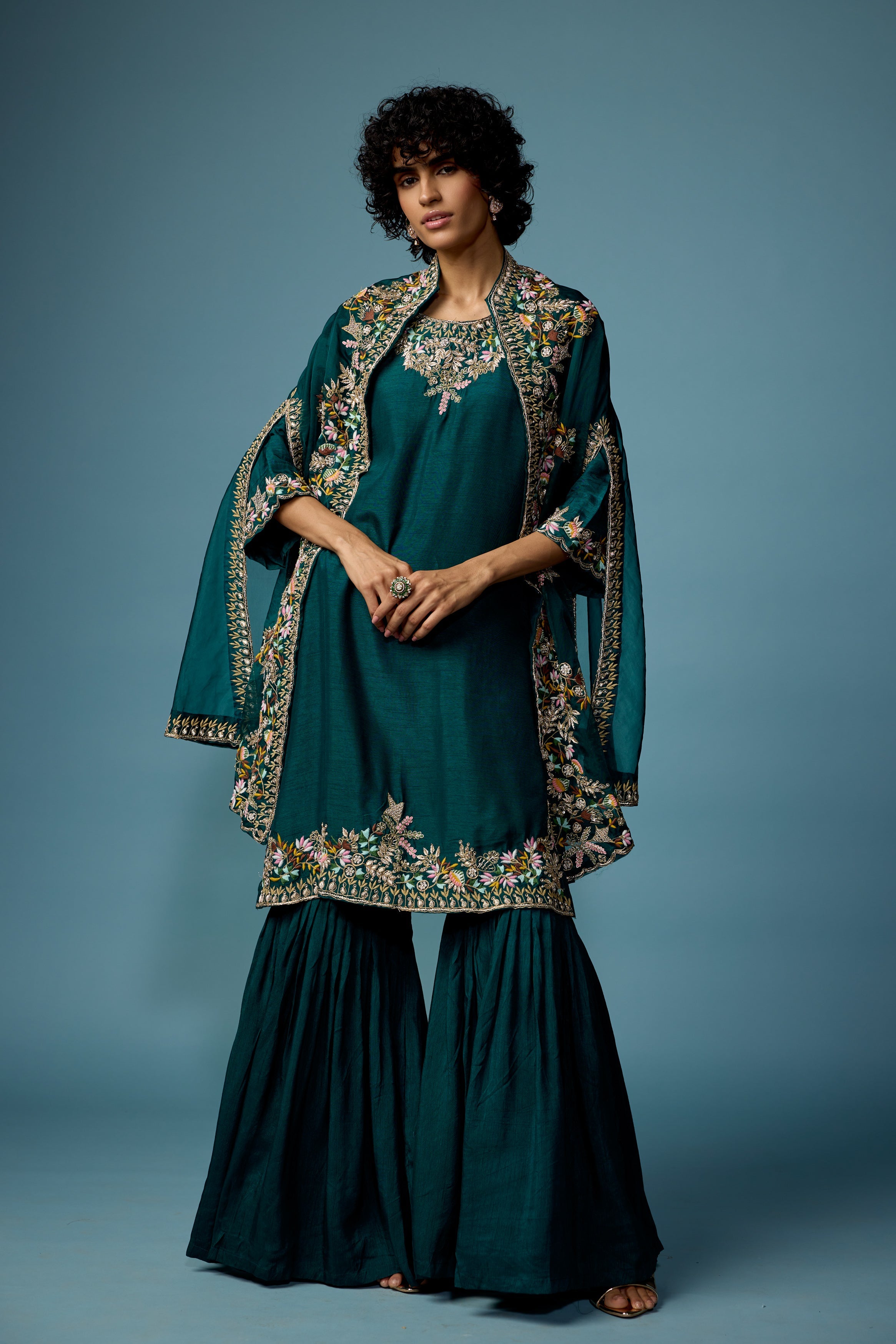 Bottle Green embellished Raw Silk Cape Set