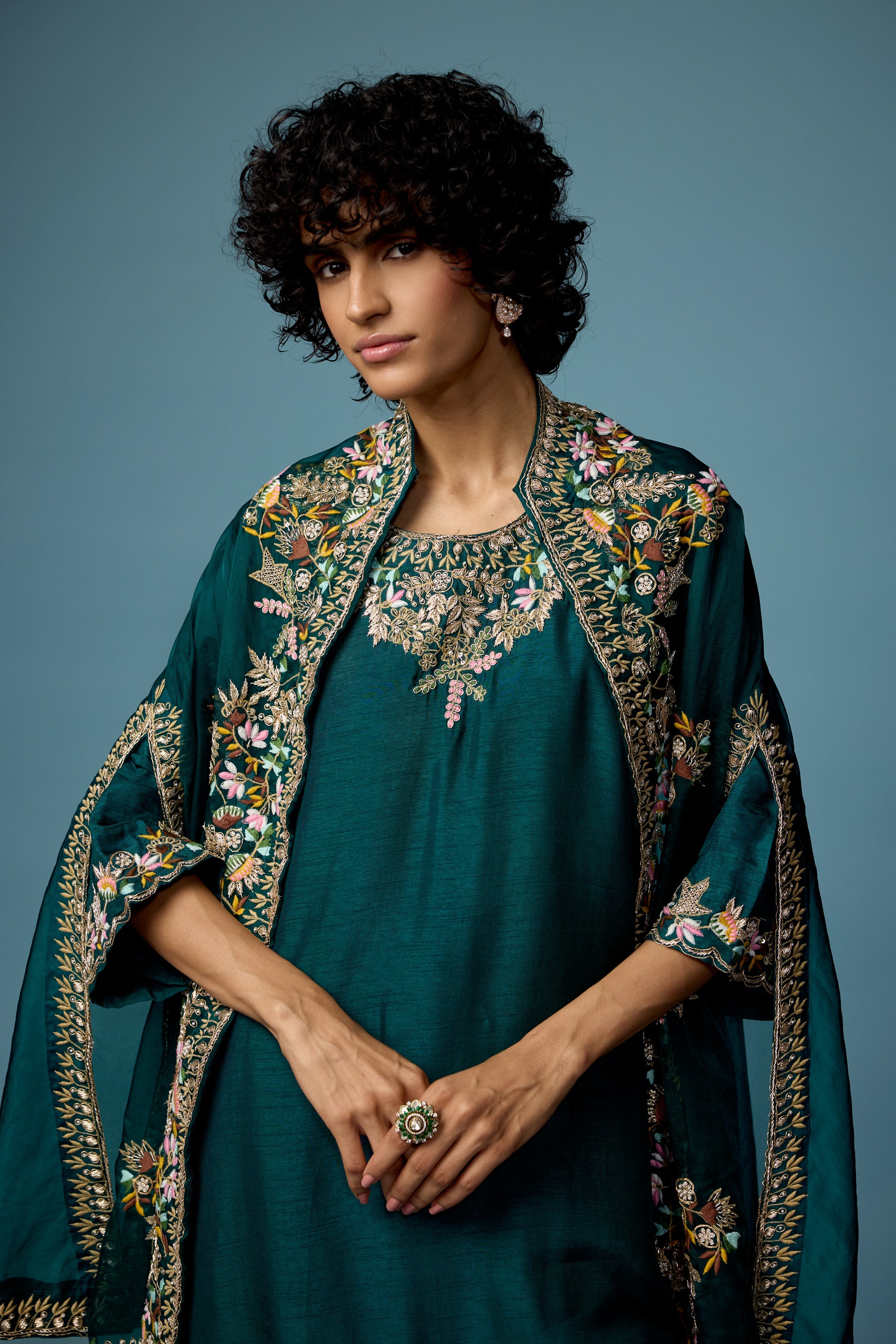 Bottle Green embellished Raw Silk Cape Set