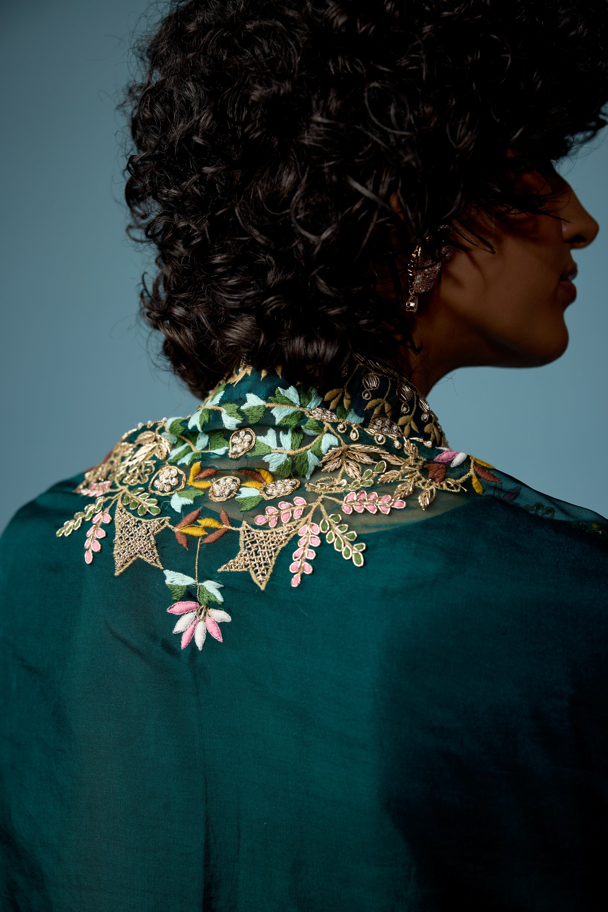 Bottle Green embellished Raw Silk Cape Set