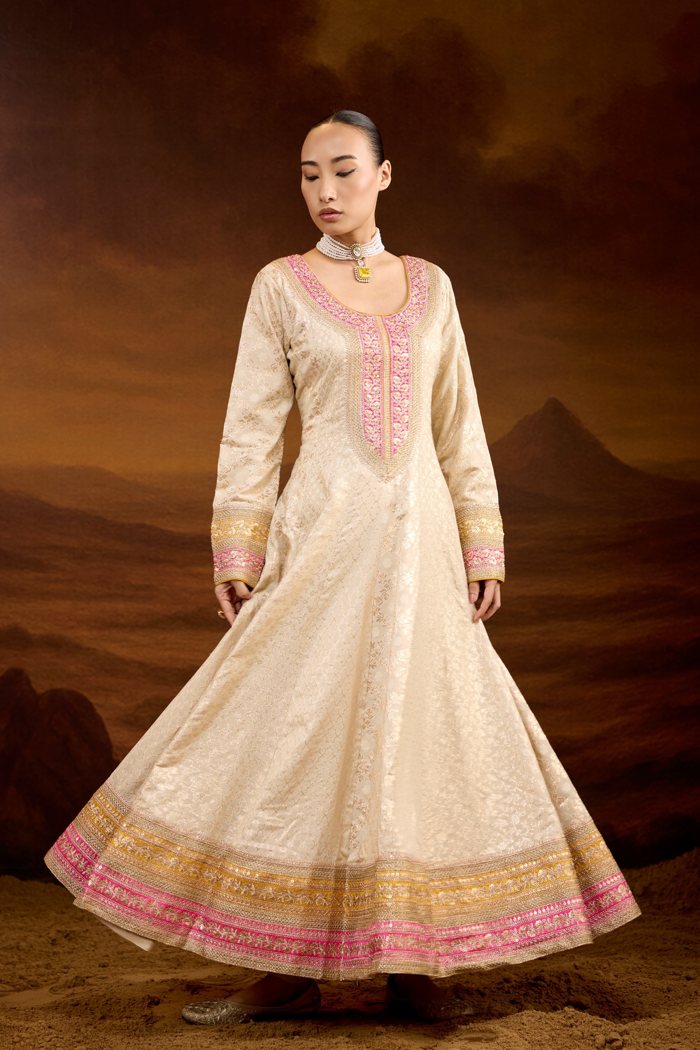 Creamy White Embellished Brocade Silk Anarkali Set