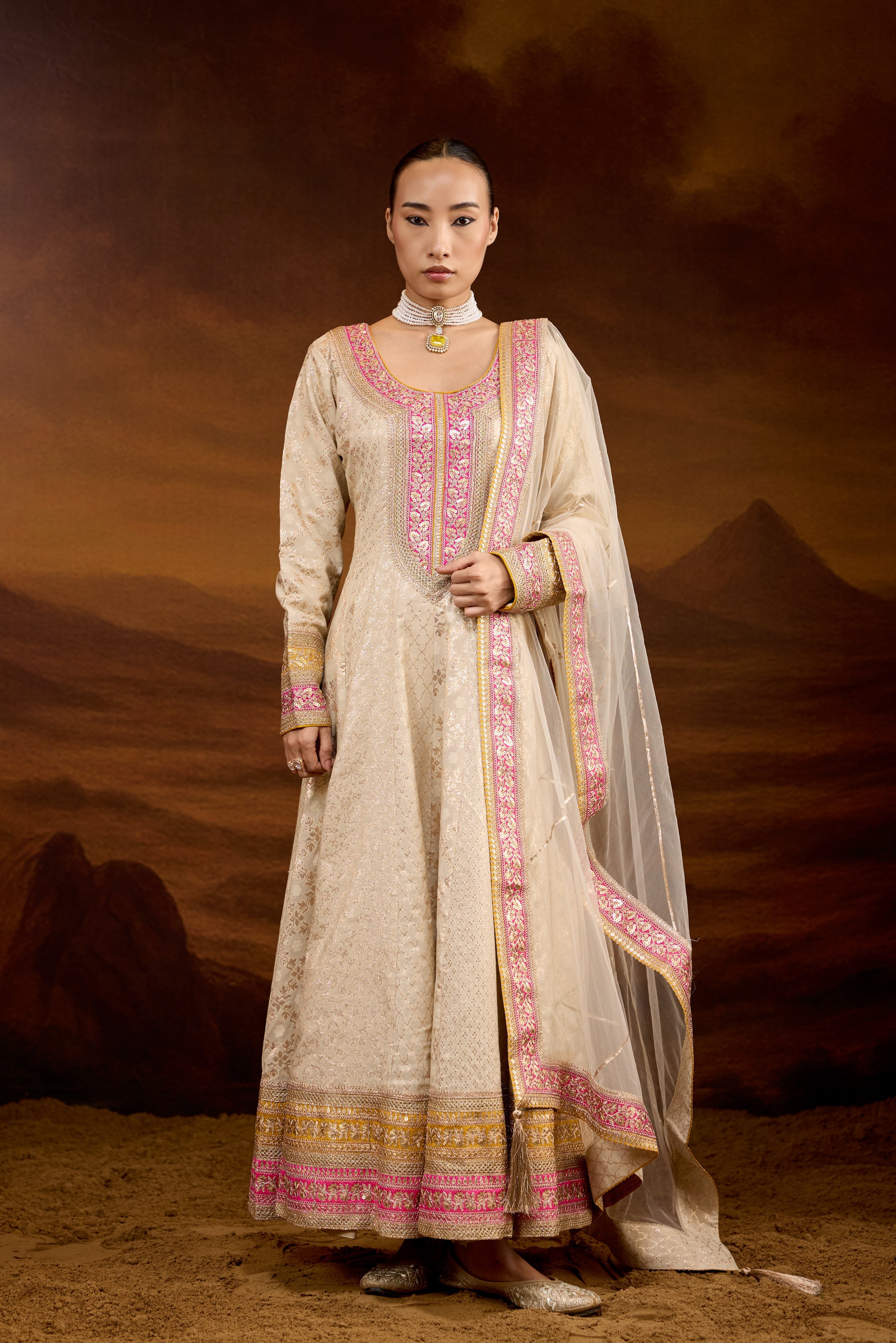 Creamy White Embellished Brocade Silk Anarkali Set