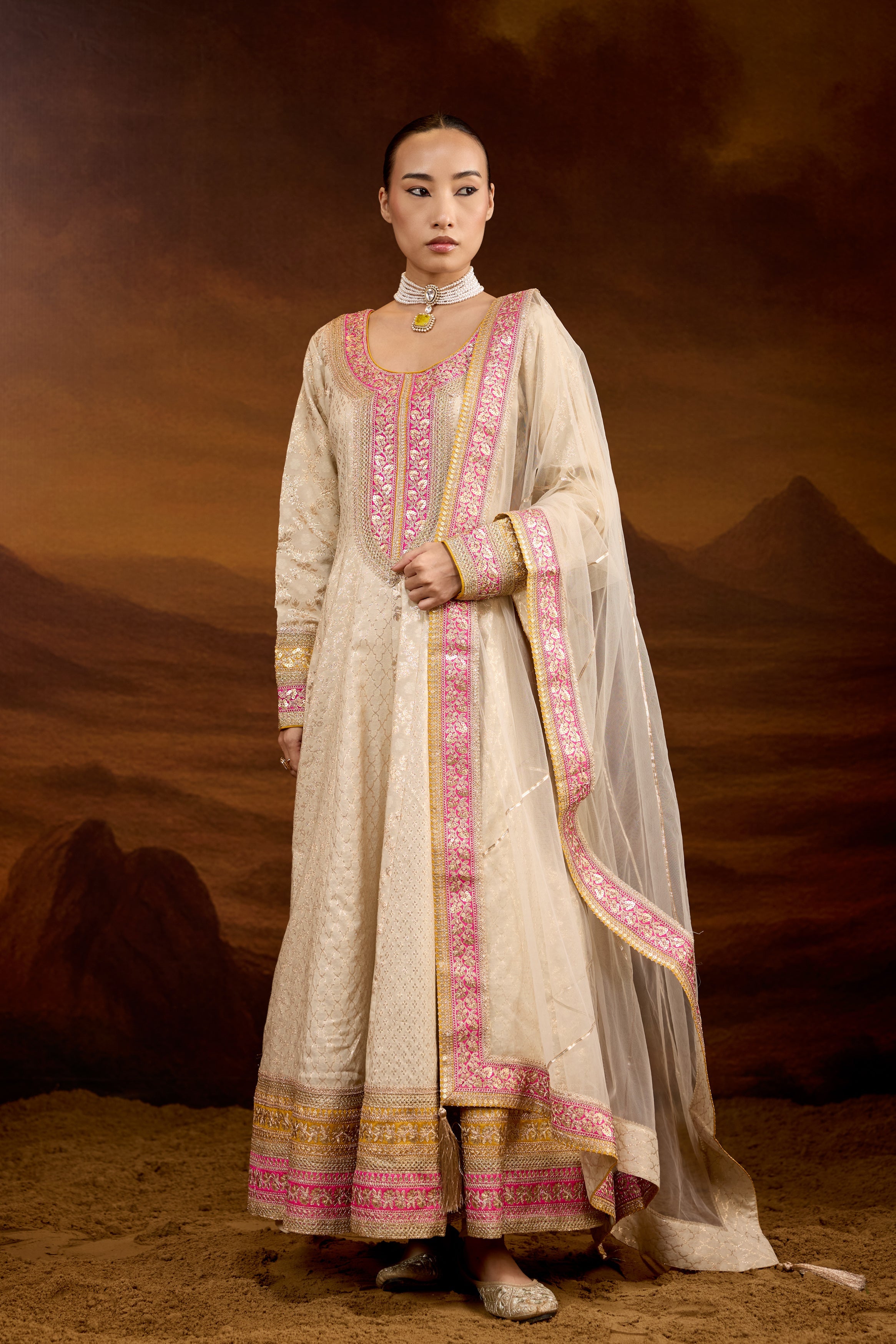 Creamy White Embellished Brocade Silk Anarkali Set