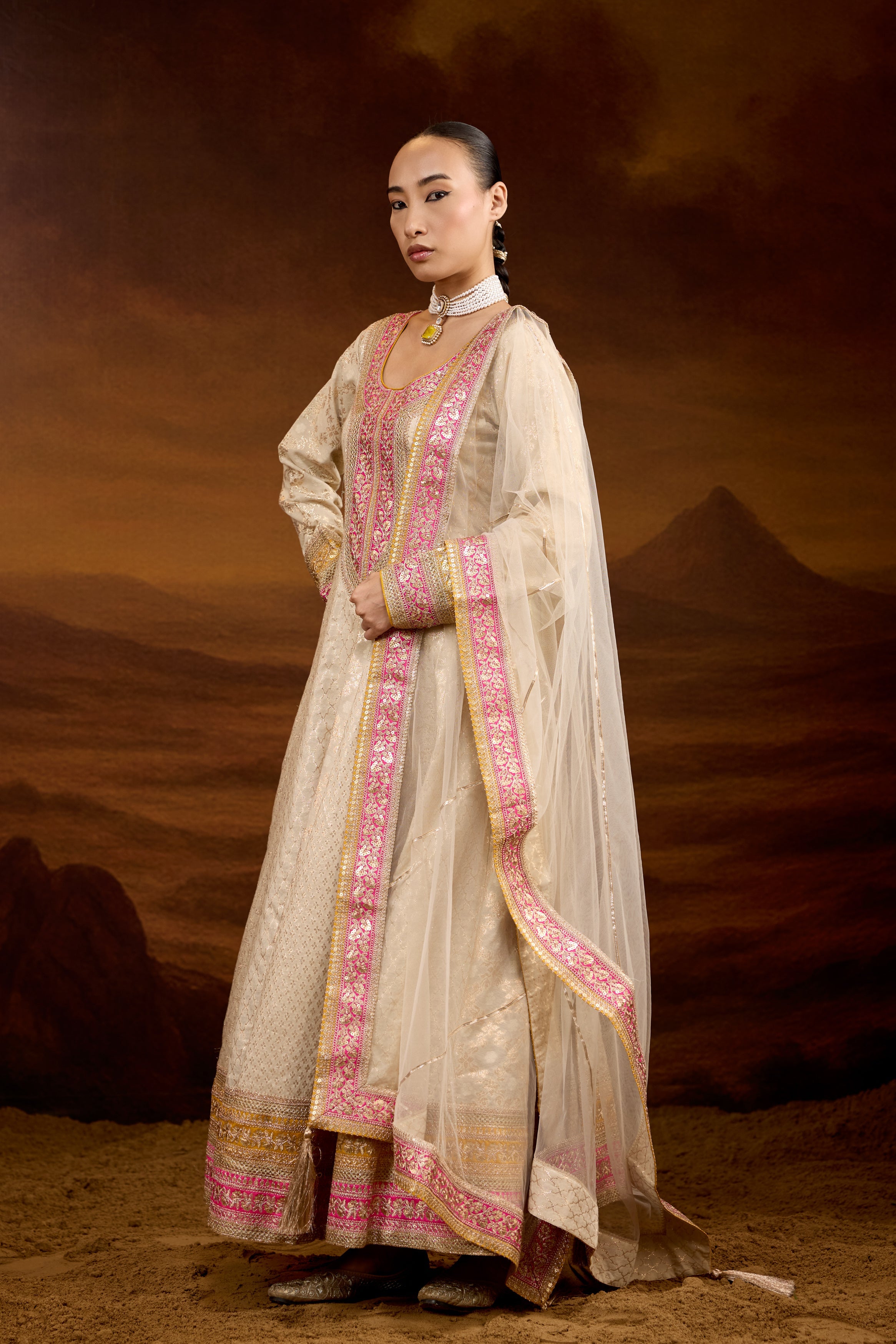 Creamy White Embellished Brocade Silk Anarkali Set