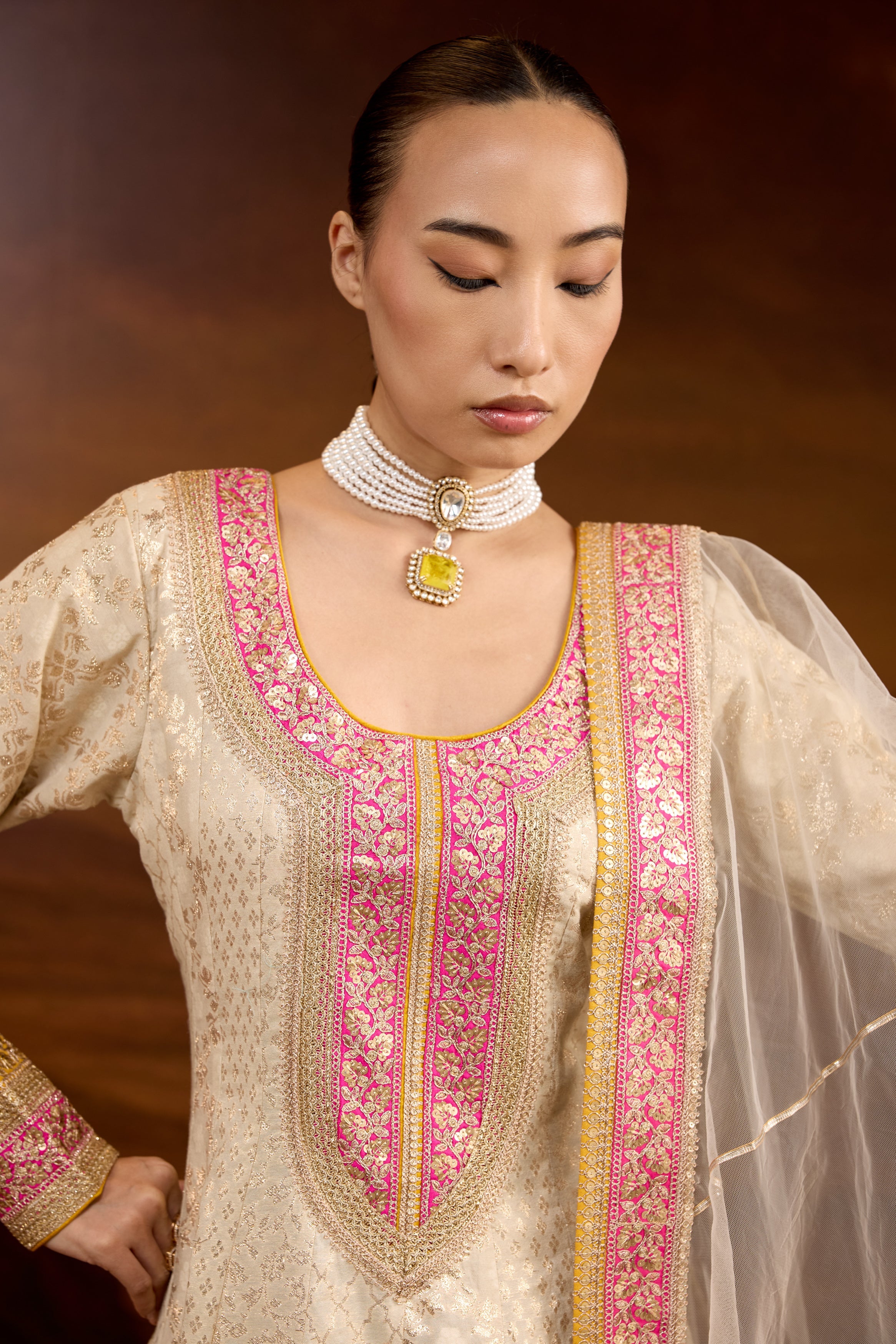 Creamy White Embellished Brocade Silk Anarkali Set
