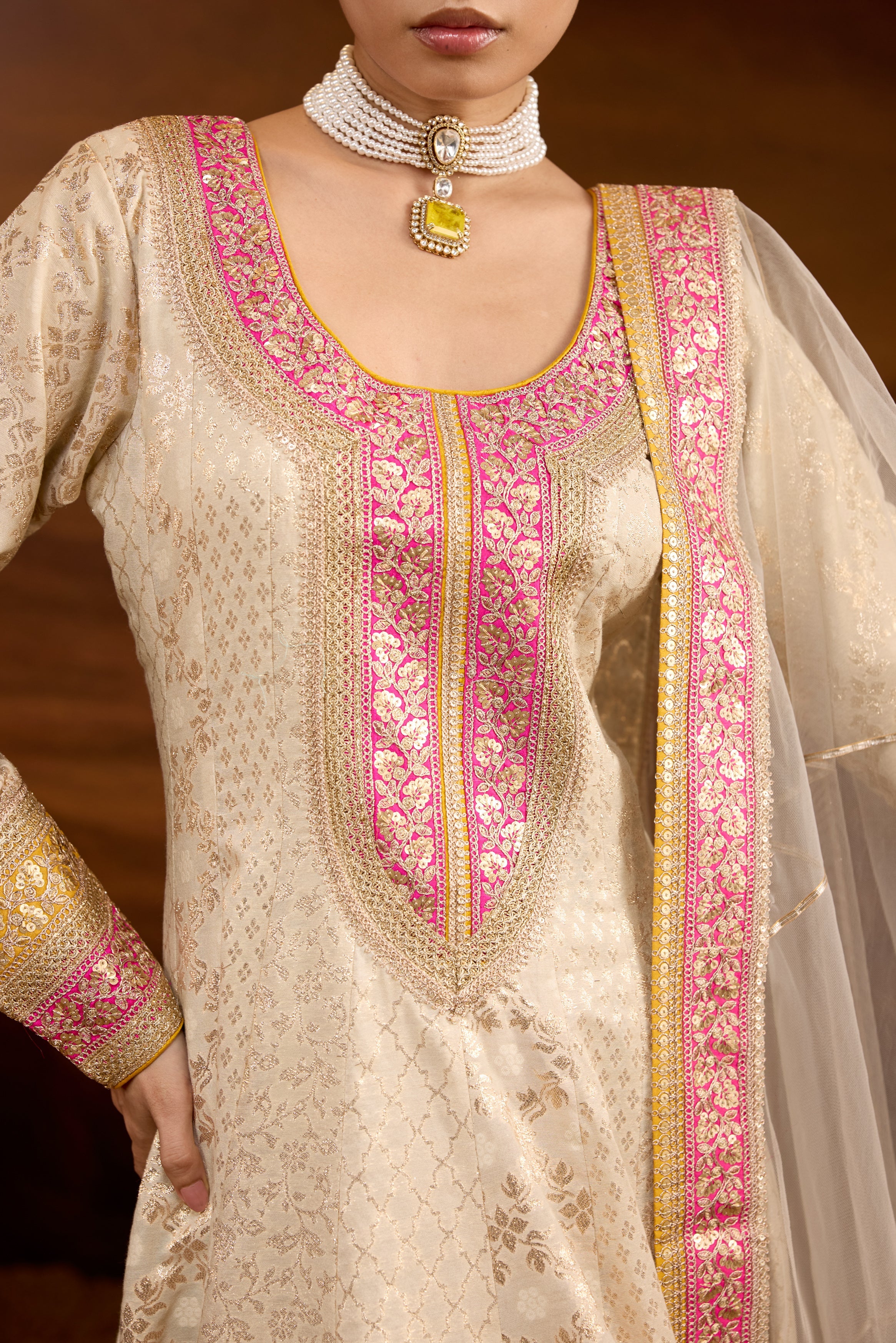 Creamy White Embellished Brocade Silk Anarkali Set