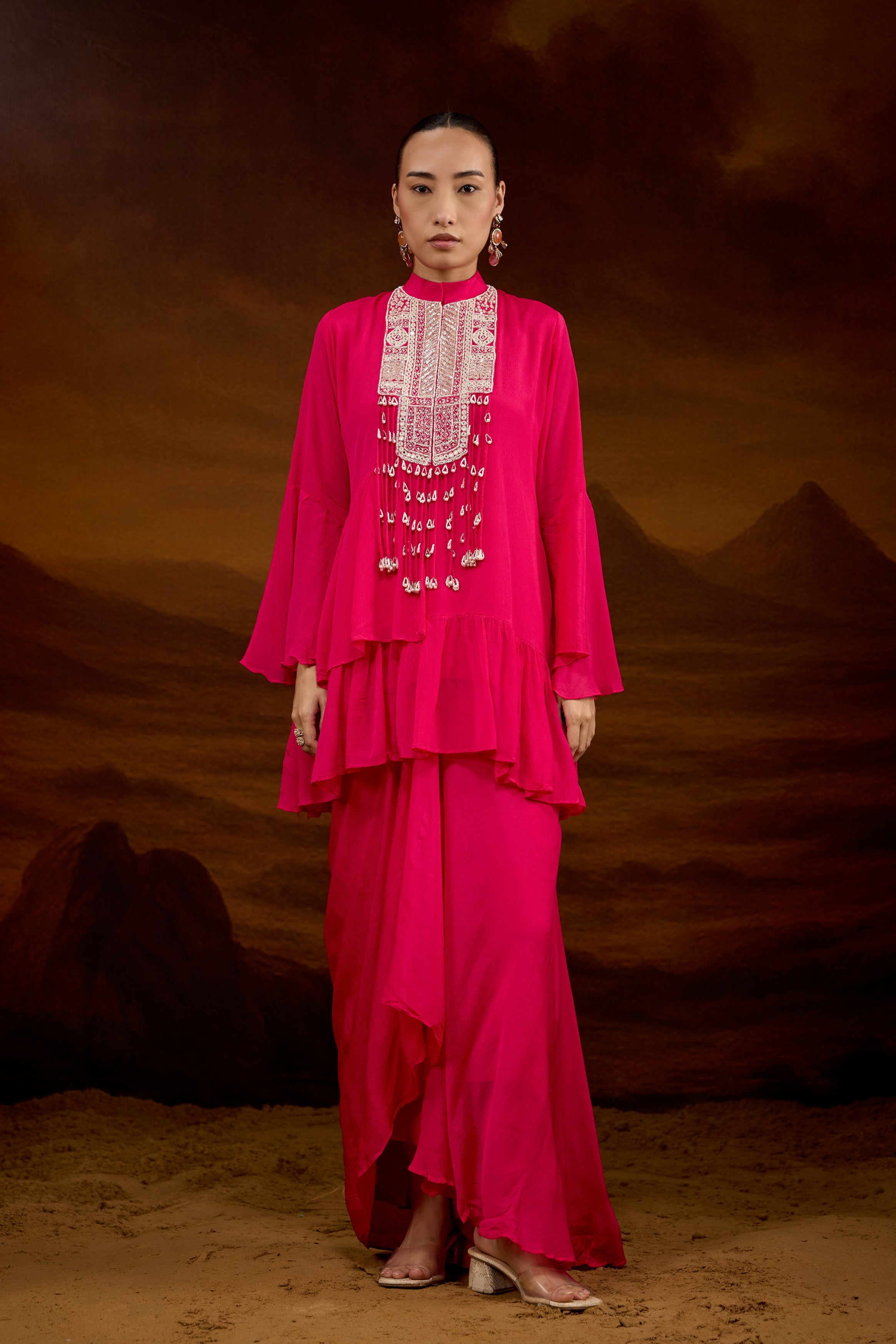 Hot Pink Embellished Chinon Silk Skirt Set