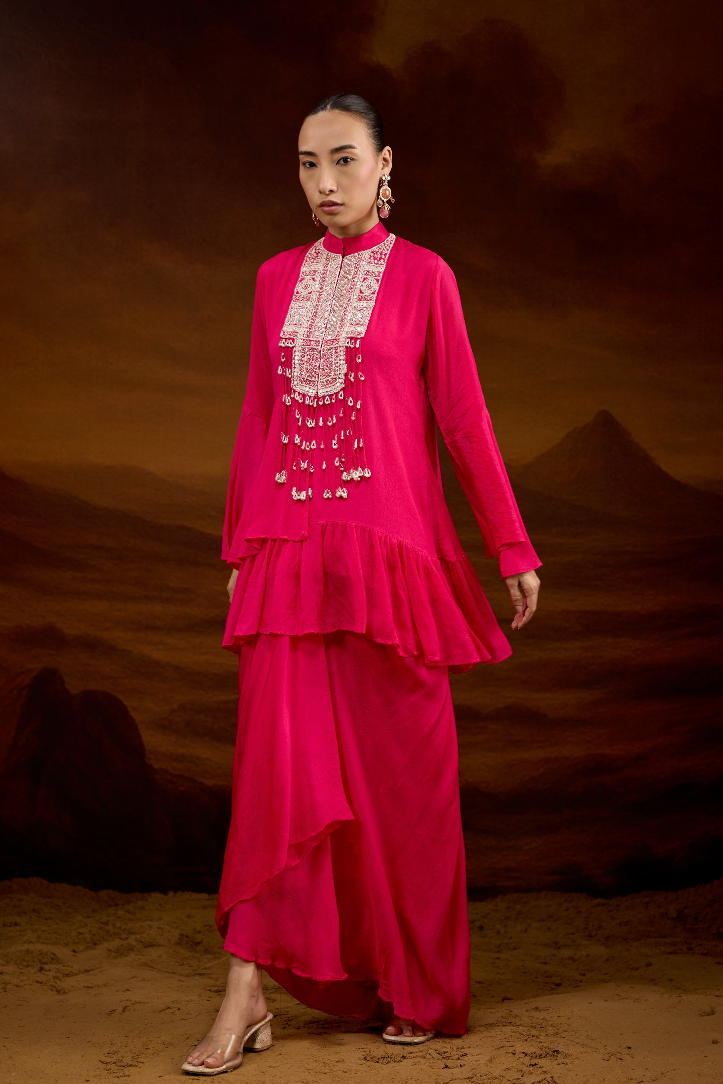 Hot Pink Embellished Chinon Silk Skirt Set