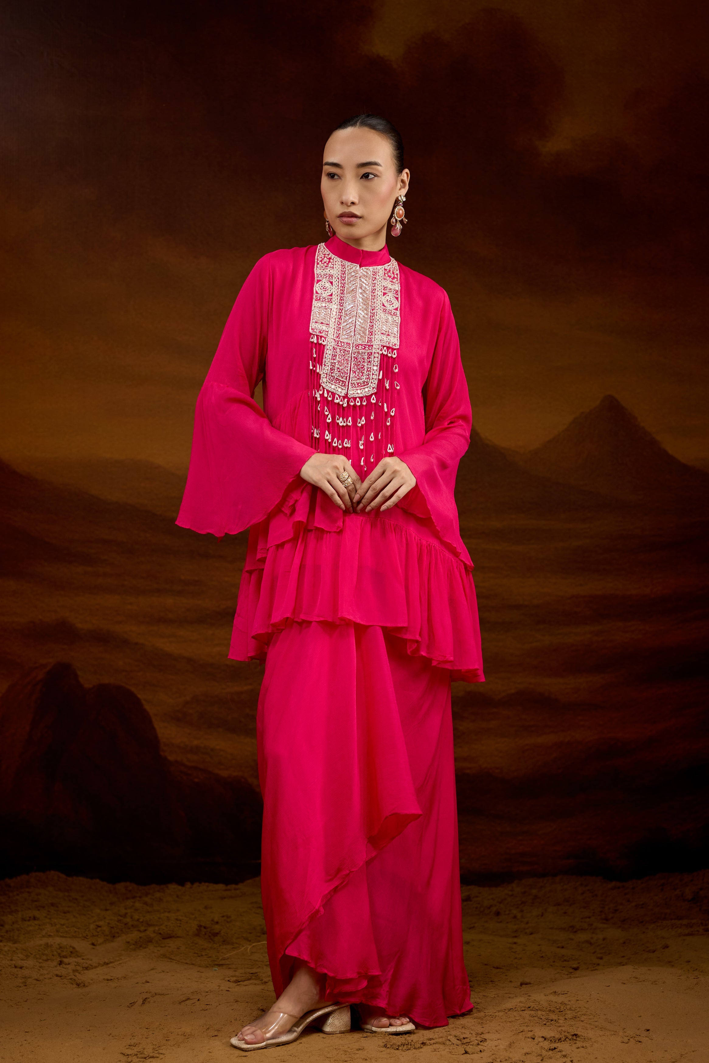 Hot Pink Embellished Chinon Silk Skirt Set
