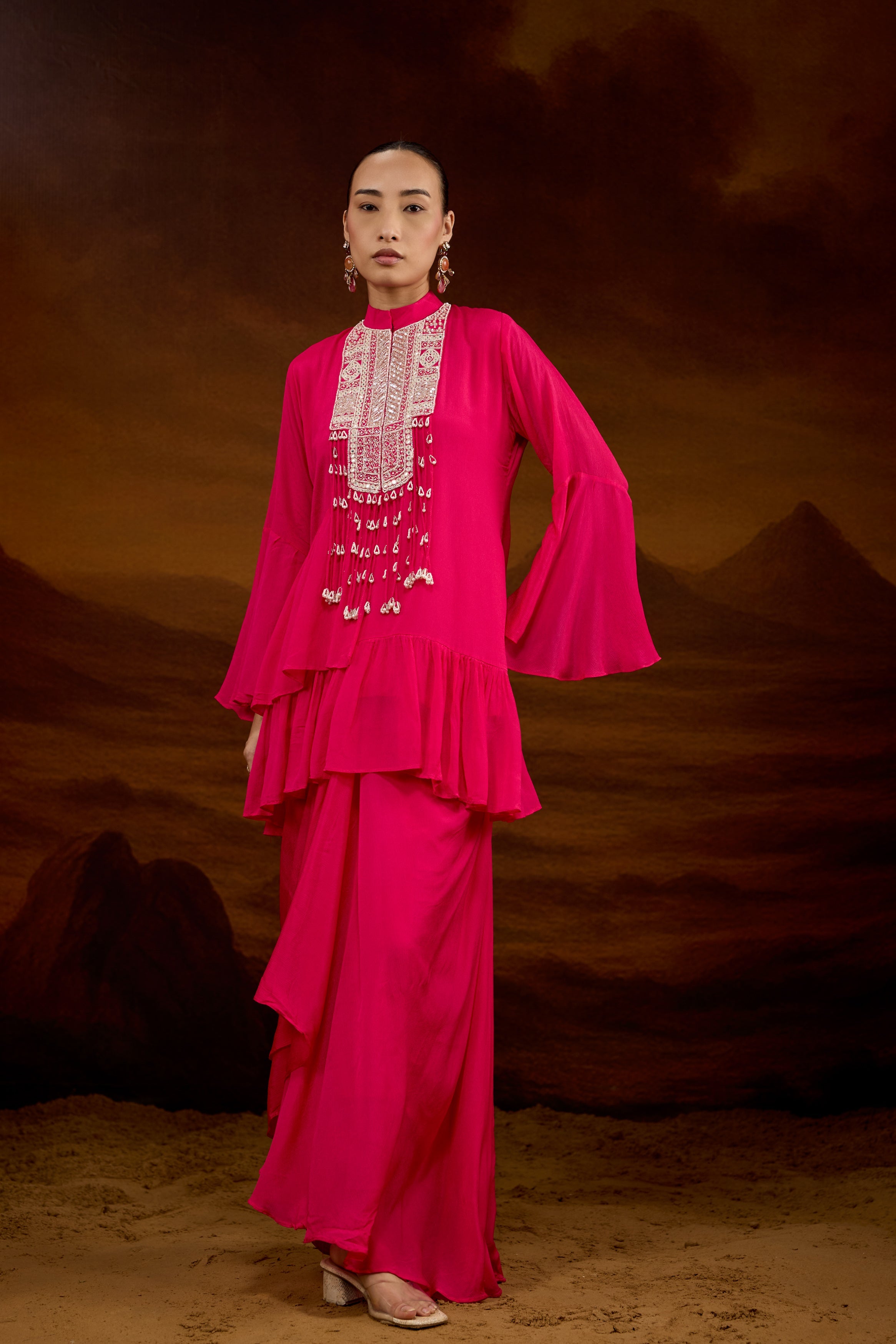 Hot Pink Embellished Chinon Silk Skirt Set