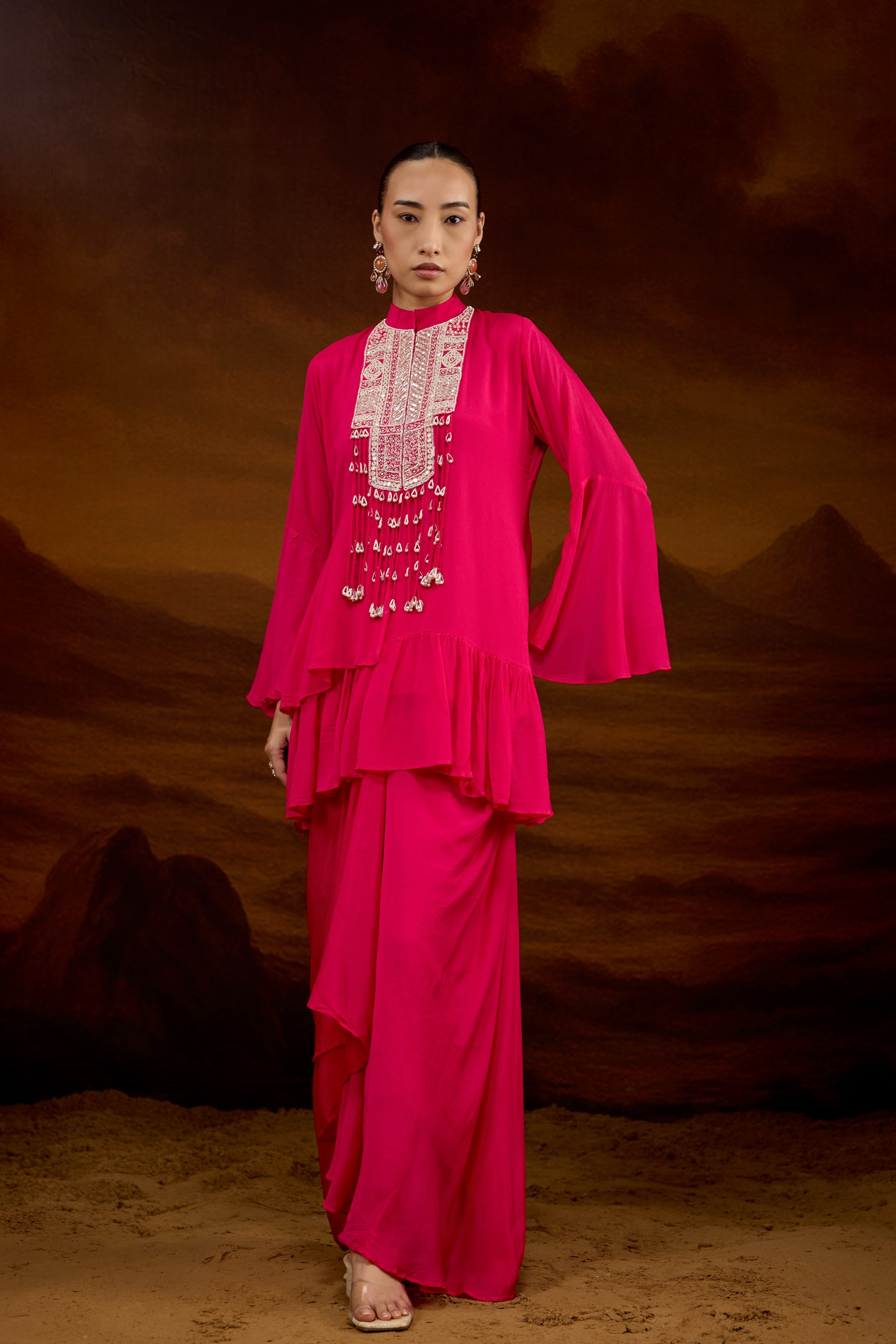Hot Pink Embellished Chinon Silk Skirt Set