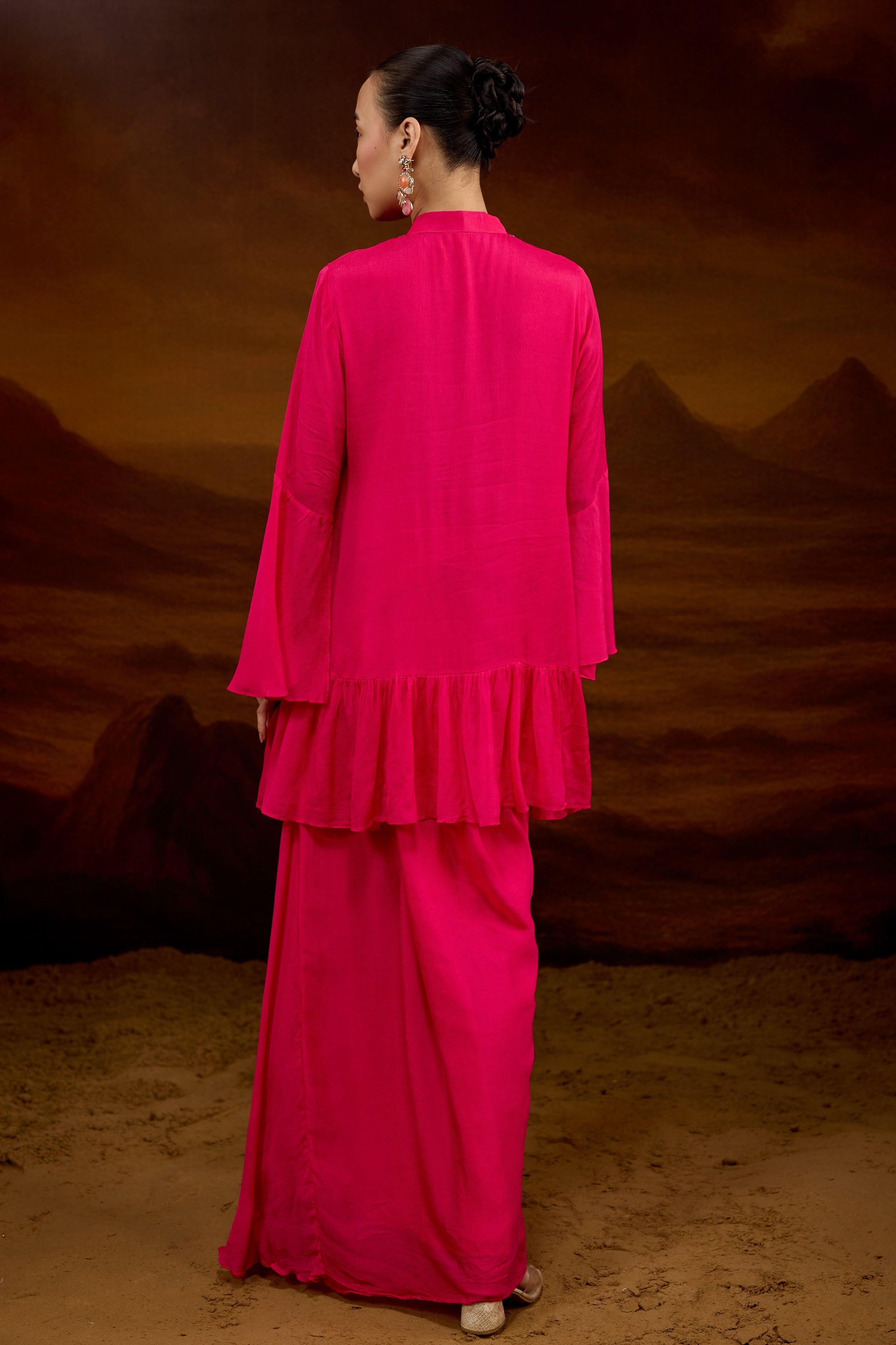 Hot Pink Embellished Chinon Silk Skirt Set
