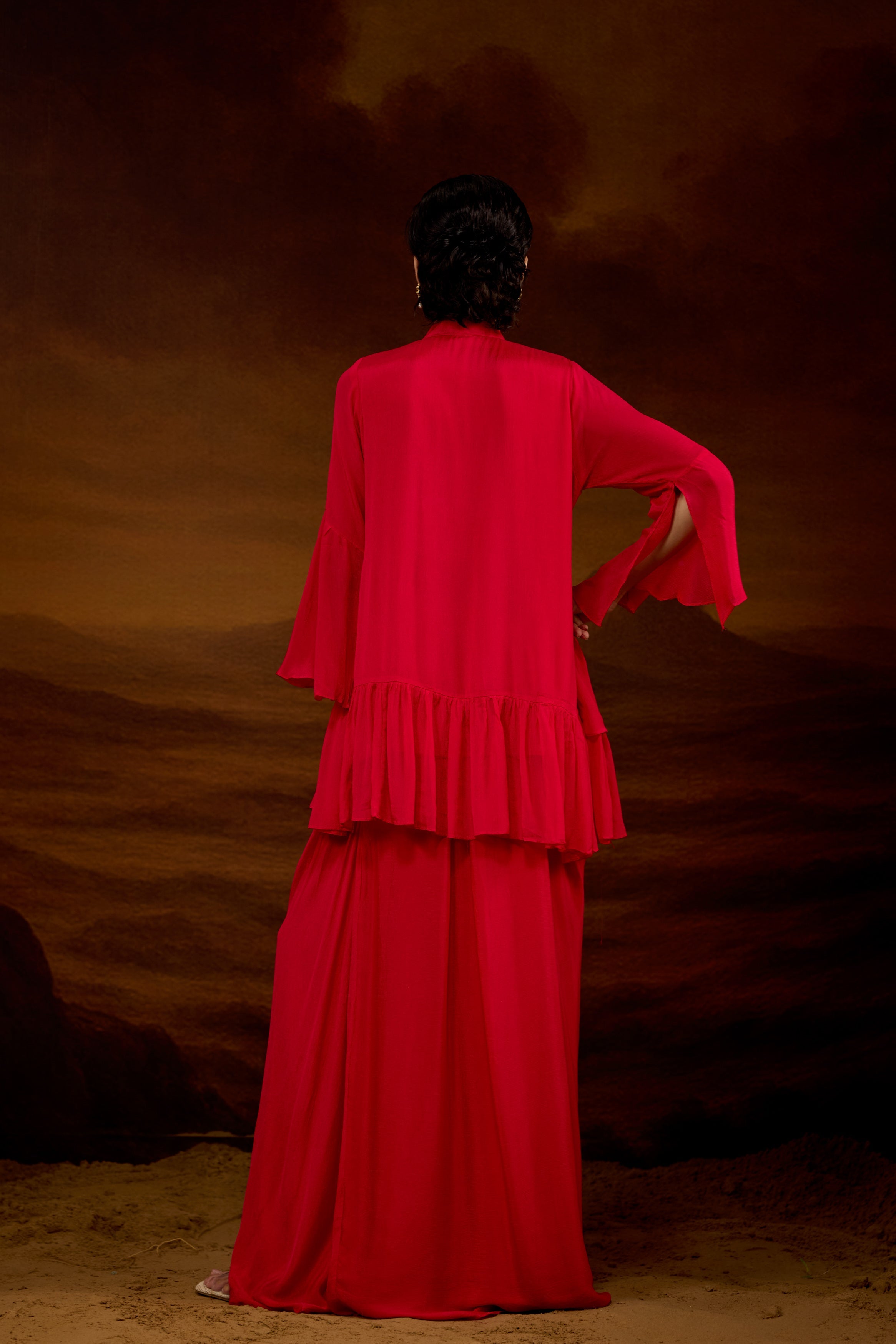 Rich Red Embellished Chinon Silk Skirt Set
