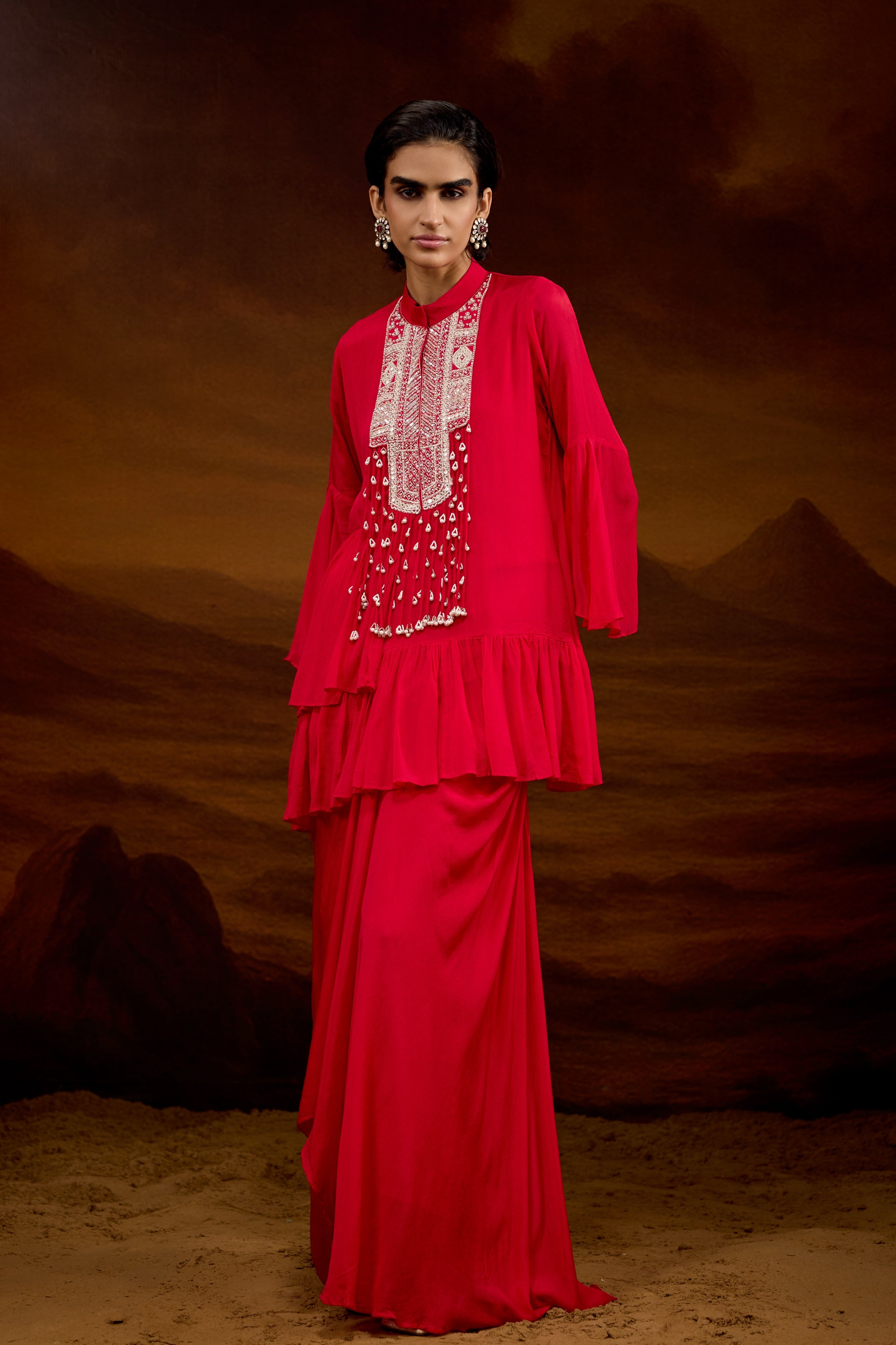 Rich Red Embellished Chinon Silk Skirt Set