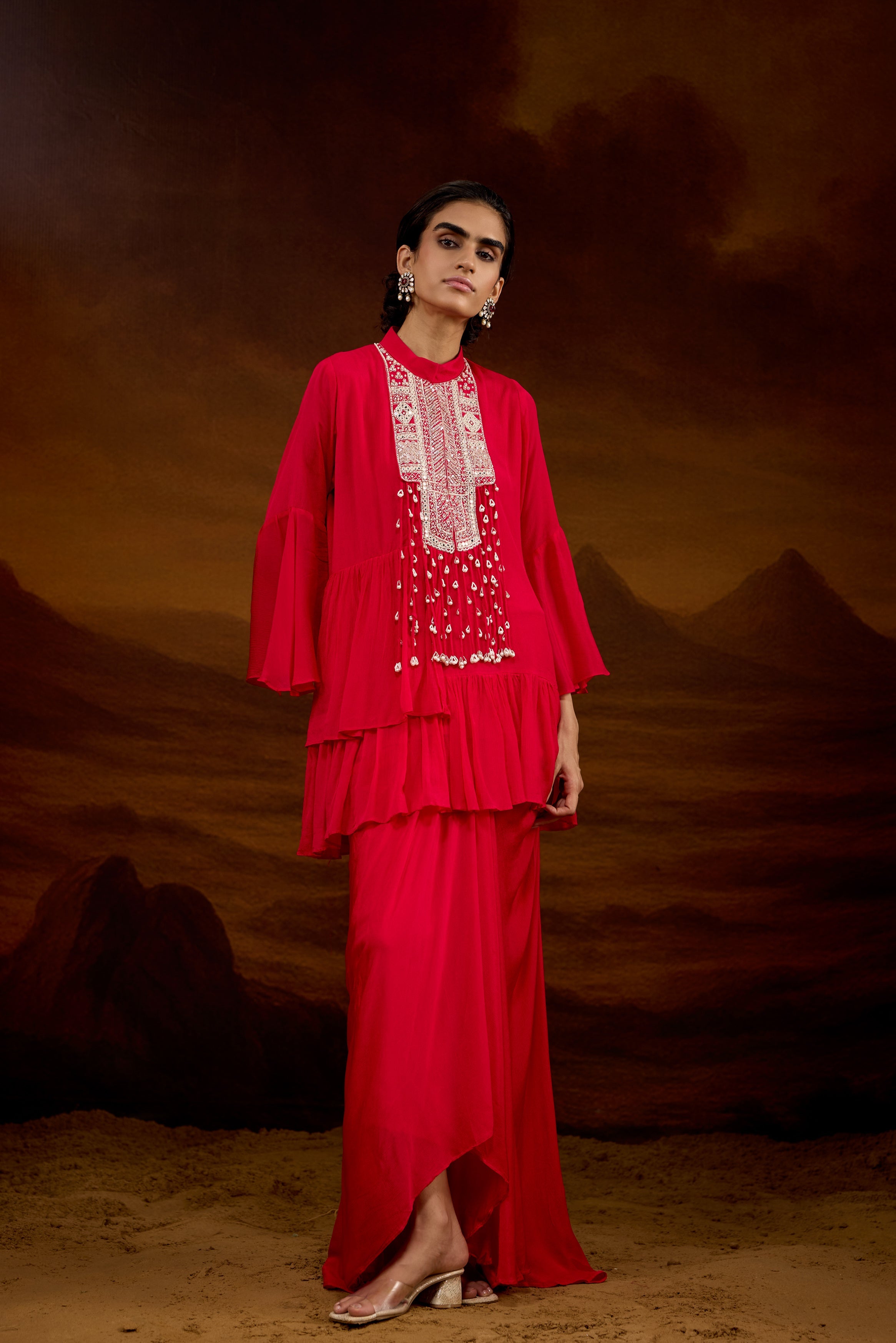 Rich Red Embellished Chinon Silk Skirt Set