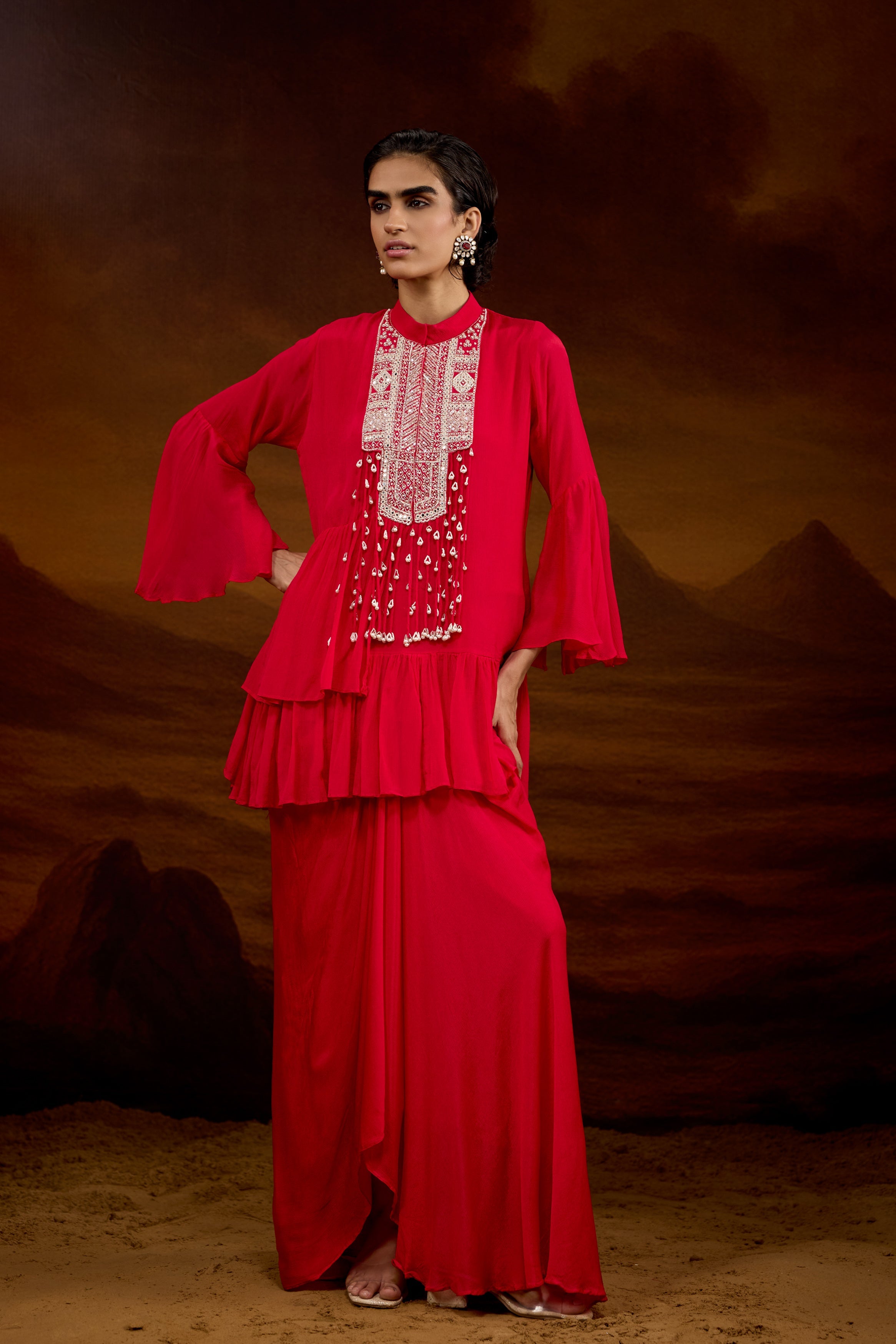 Rich Red Embellished Chinon Silk Skirt Set