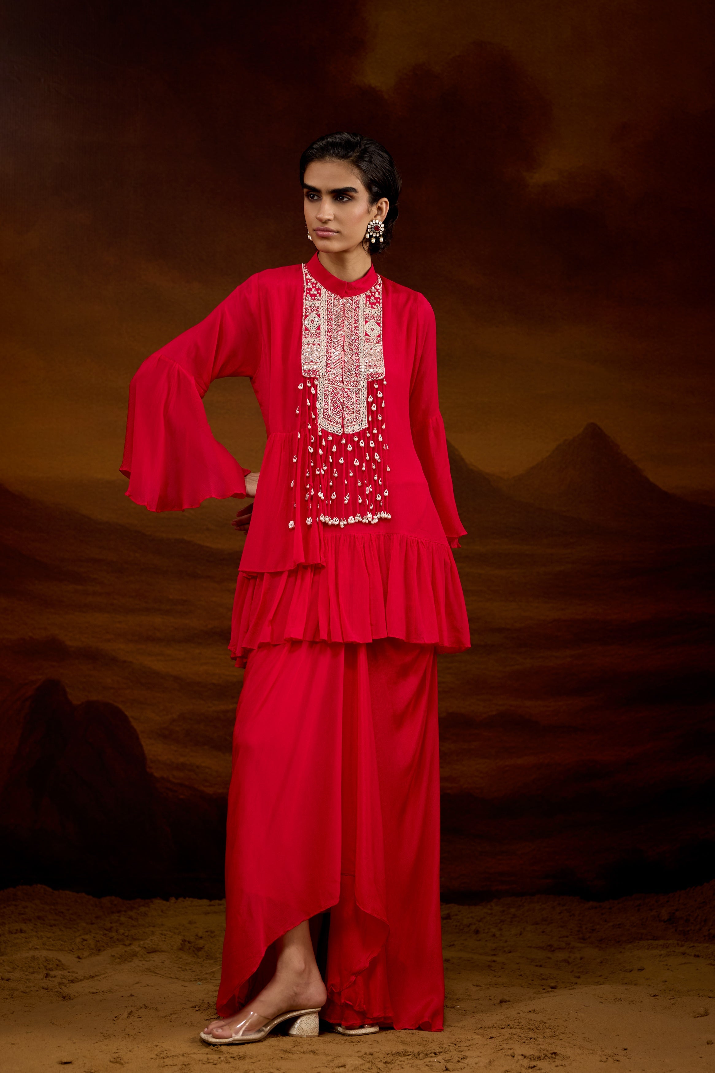 Rich Red Embellished Chinon Silk Skirt Set