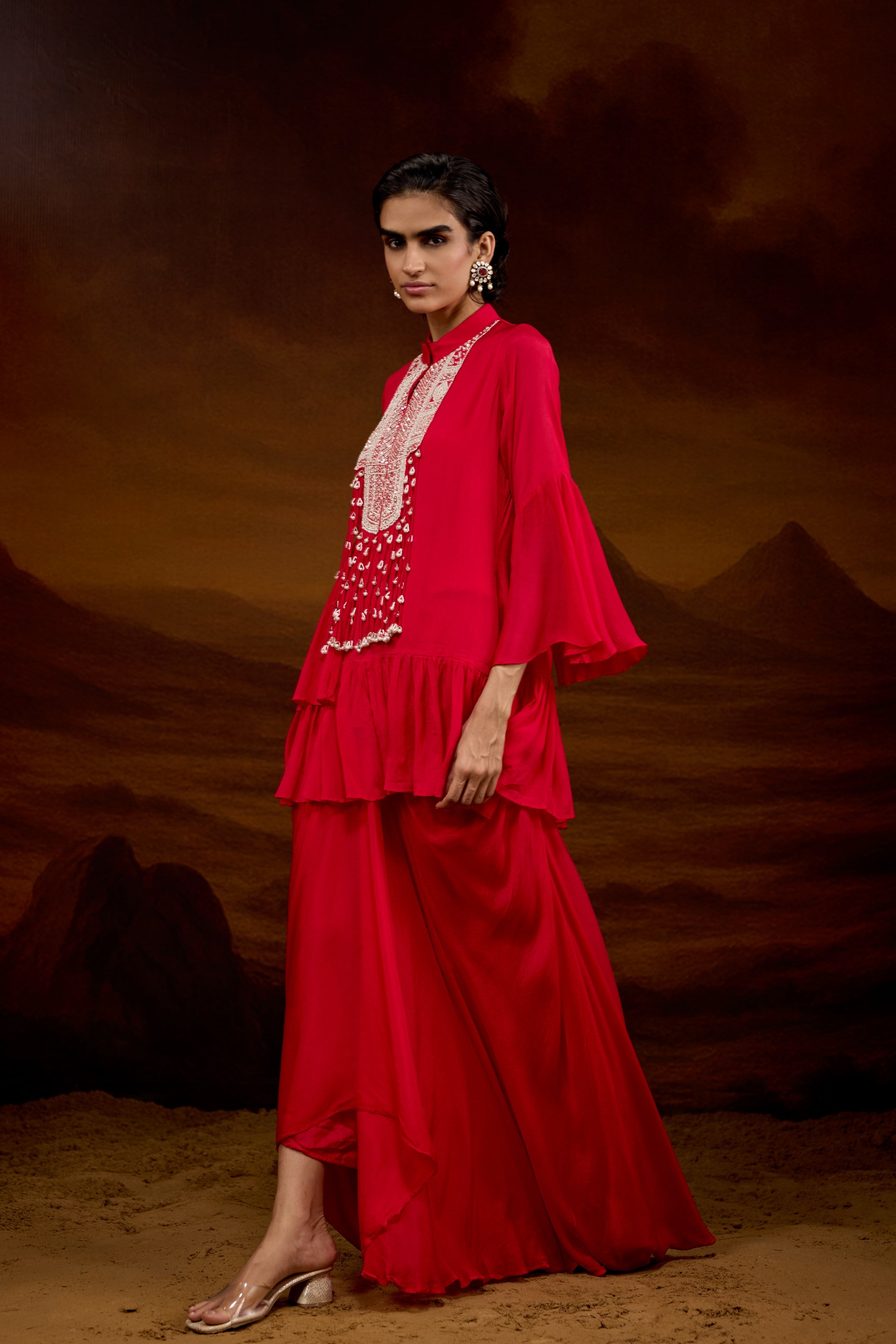 Rich Red Embellished Chinon Silk Skirt Set