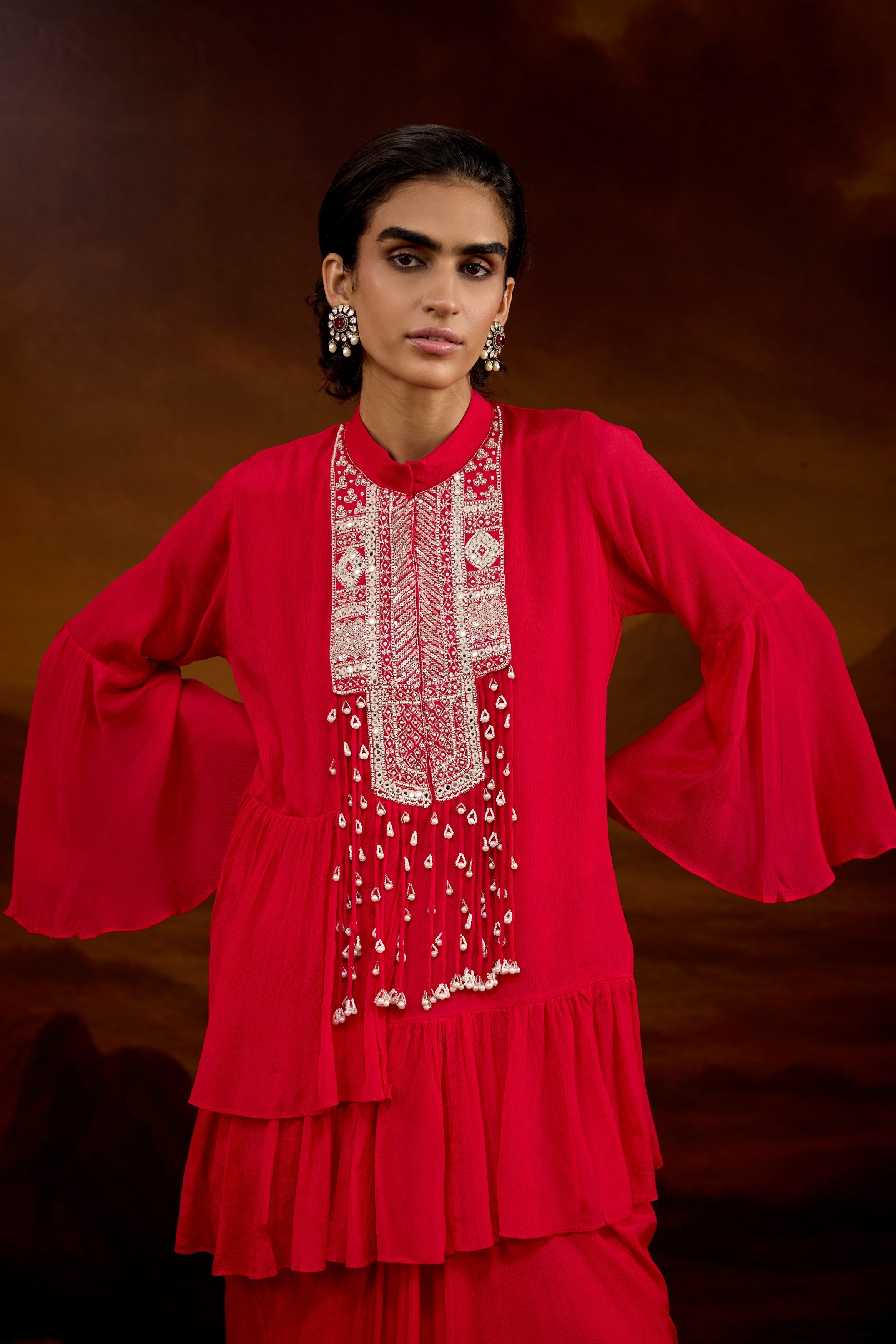 Rich Red Embellished Chinon Silk Skirt Set