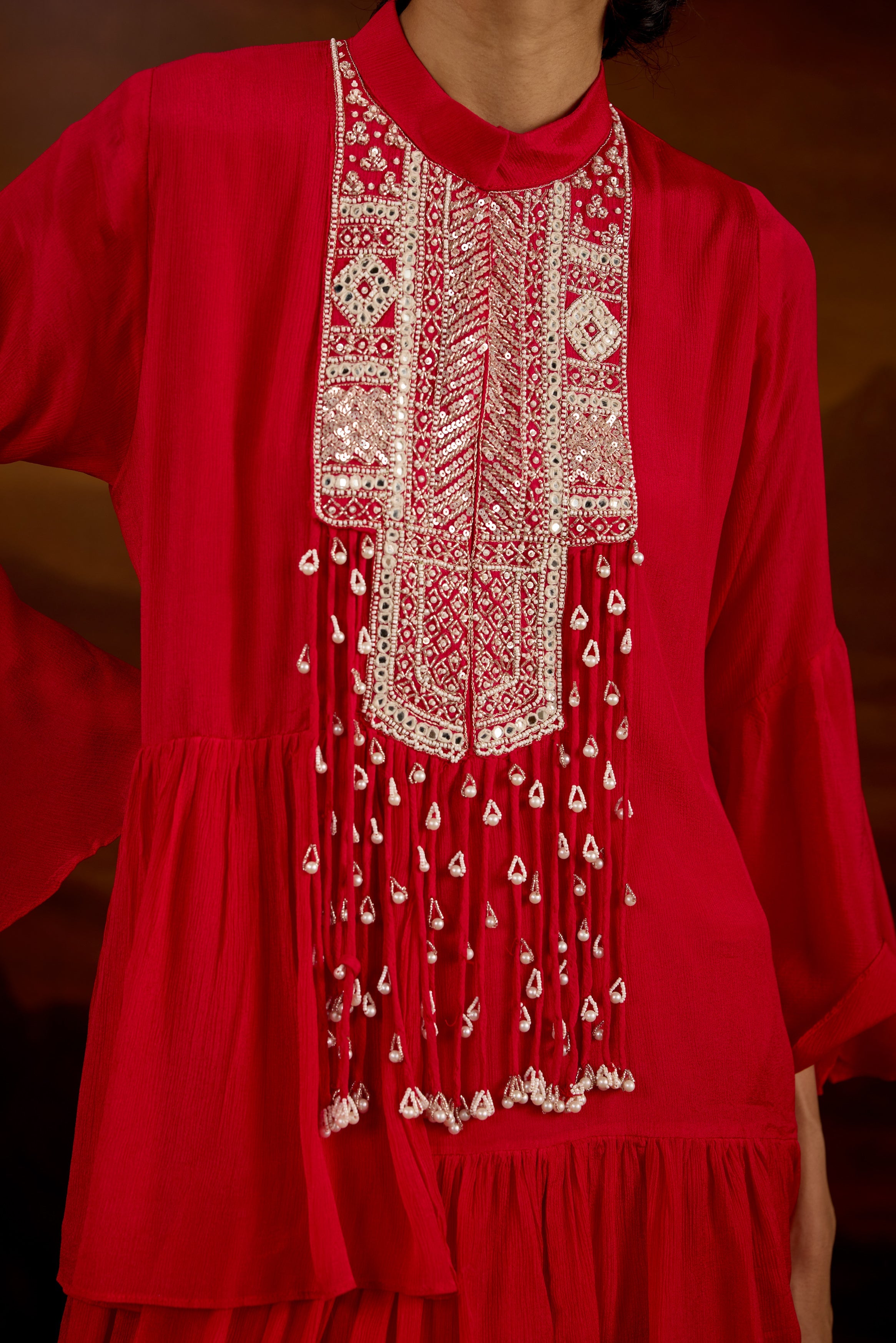 Rich Red Embellished Chinon Silk Skirt Set
