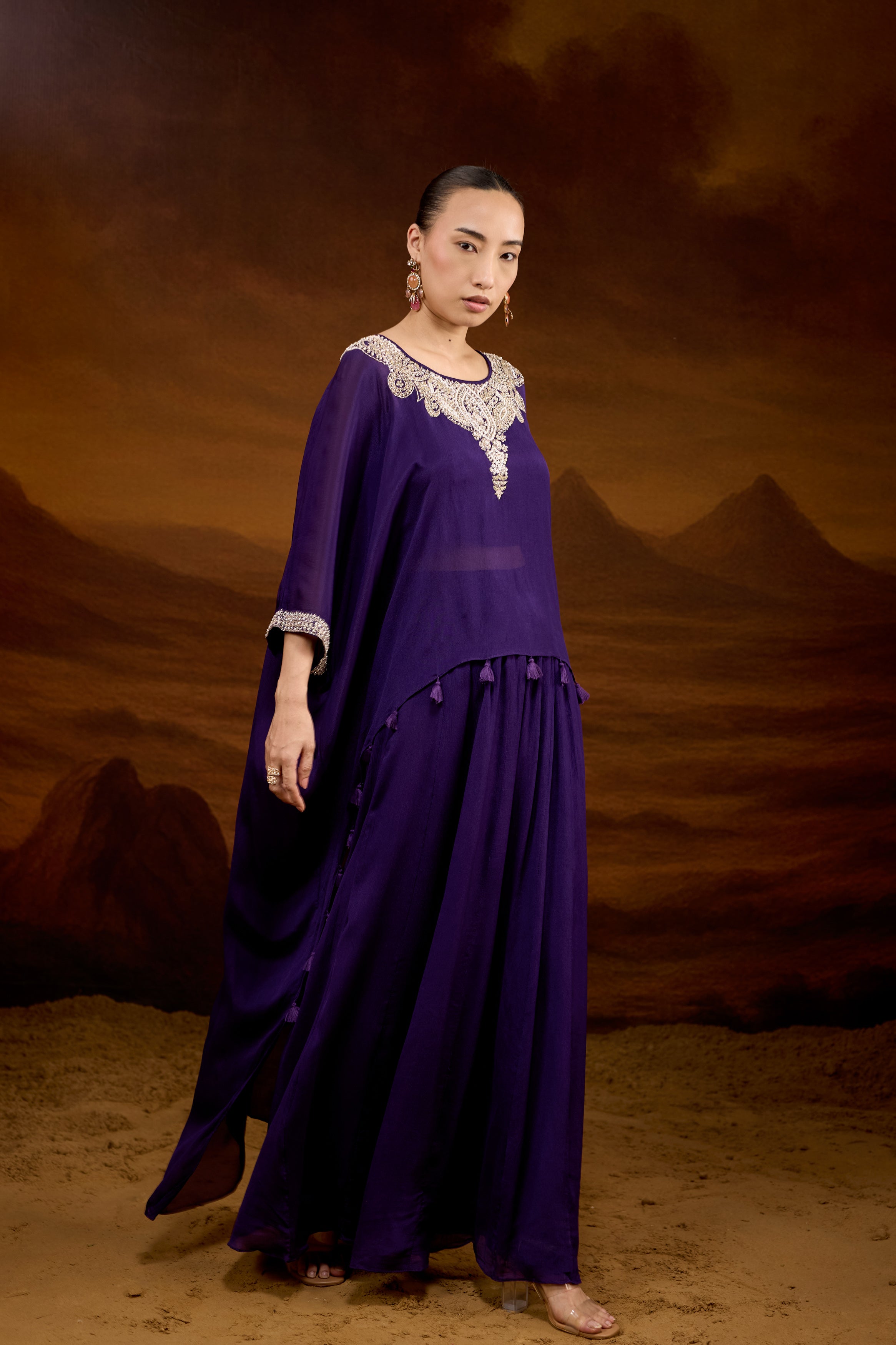 Deep Purple Embellished Chinon Silk Kaftan Set