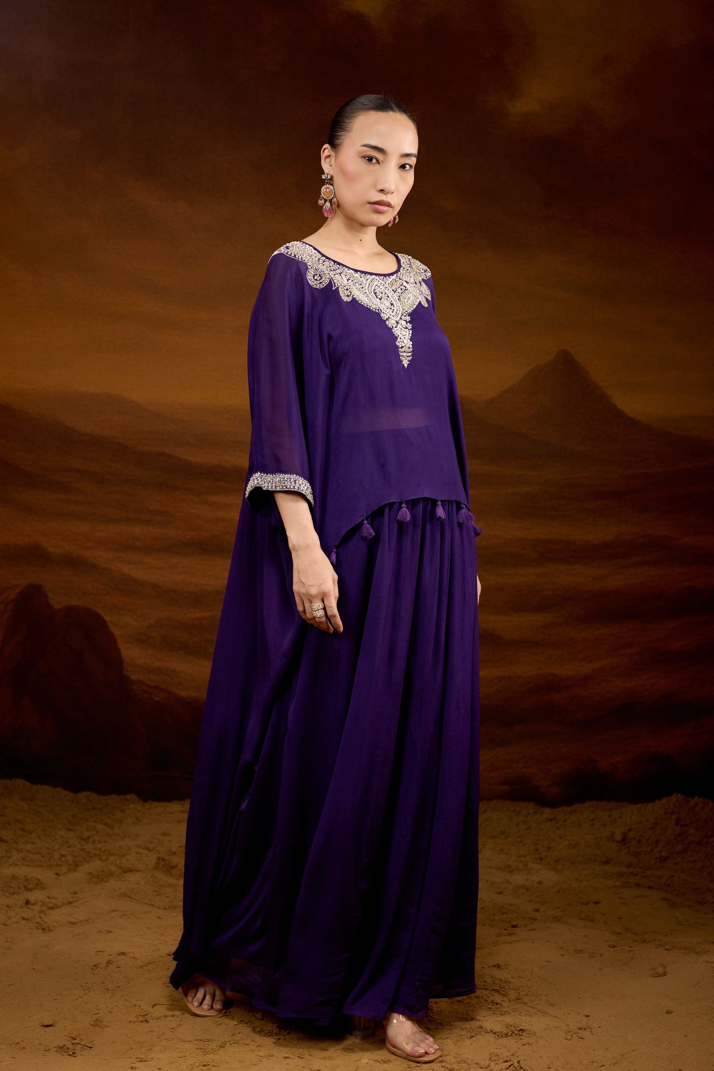 Deep Purple Embellished Chinon Silk Kaftan Set