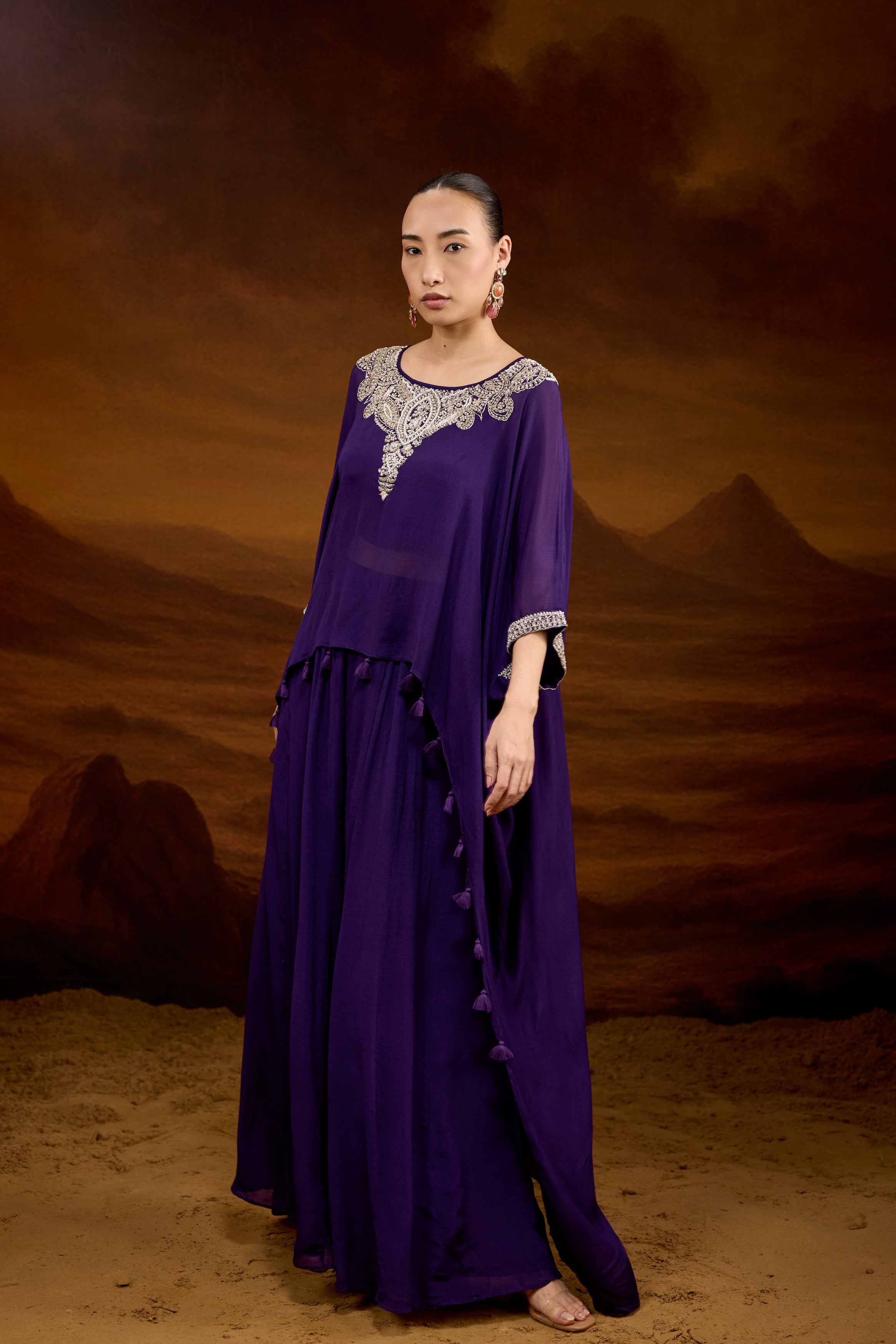 Deep Purple Embellished Chinon Silk Kaftan Set
