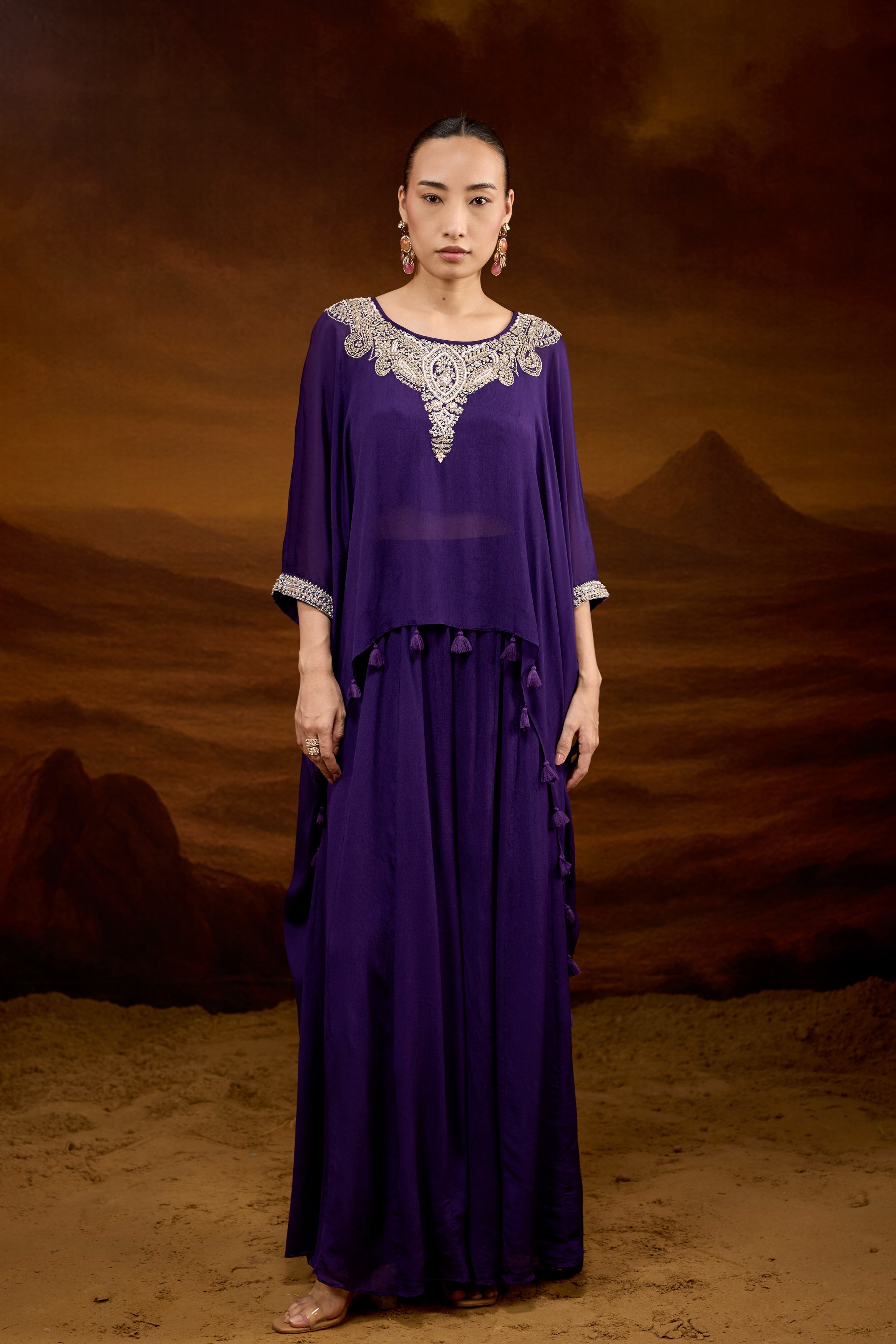 Deep Purple Embellished Chinon Silk Kaftan Set