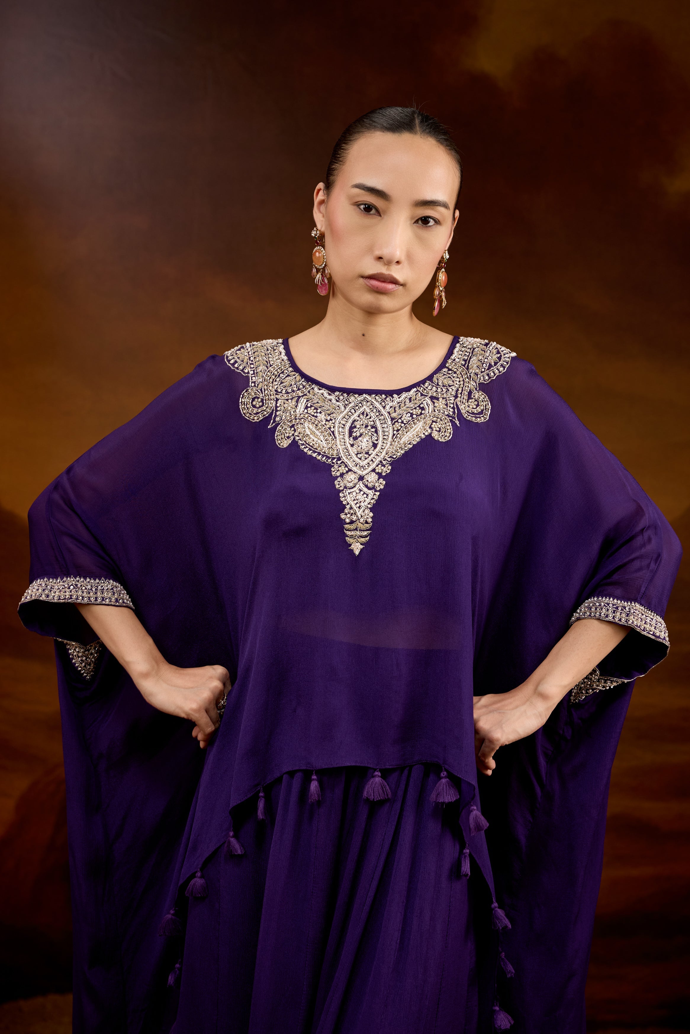 Deep Purple Embellished Chinon Silk Kaftan Set