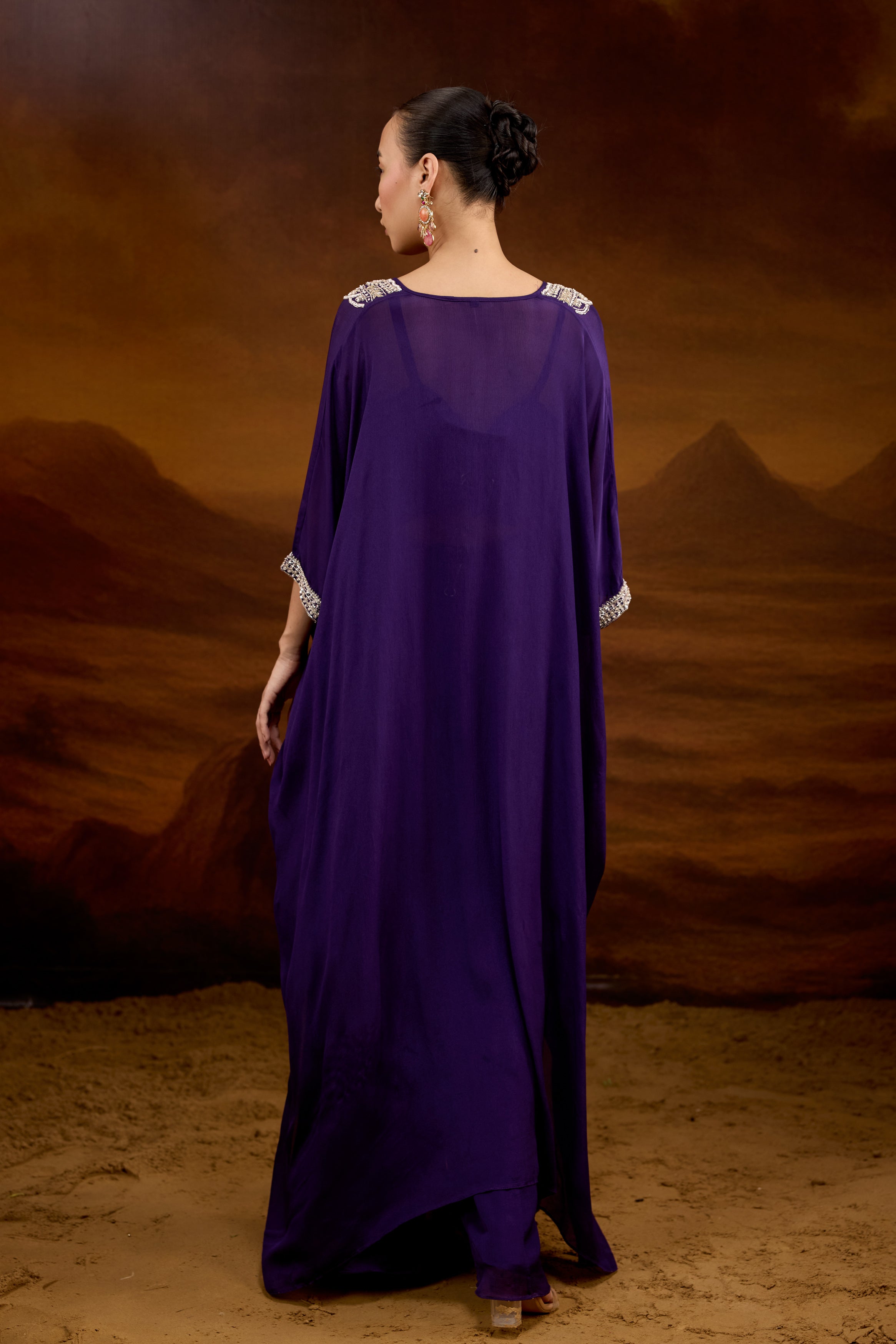 Deep Purple Embellished Chinon Silk Kaftan Set