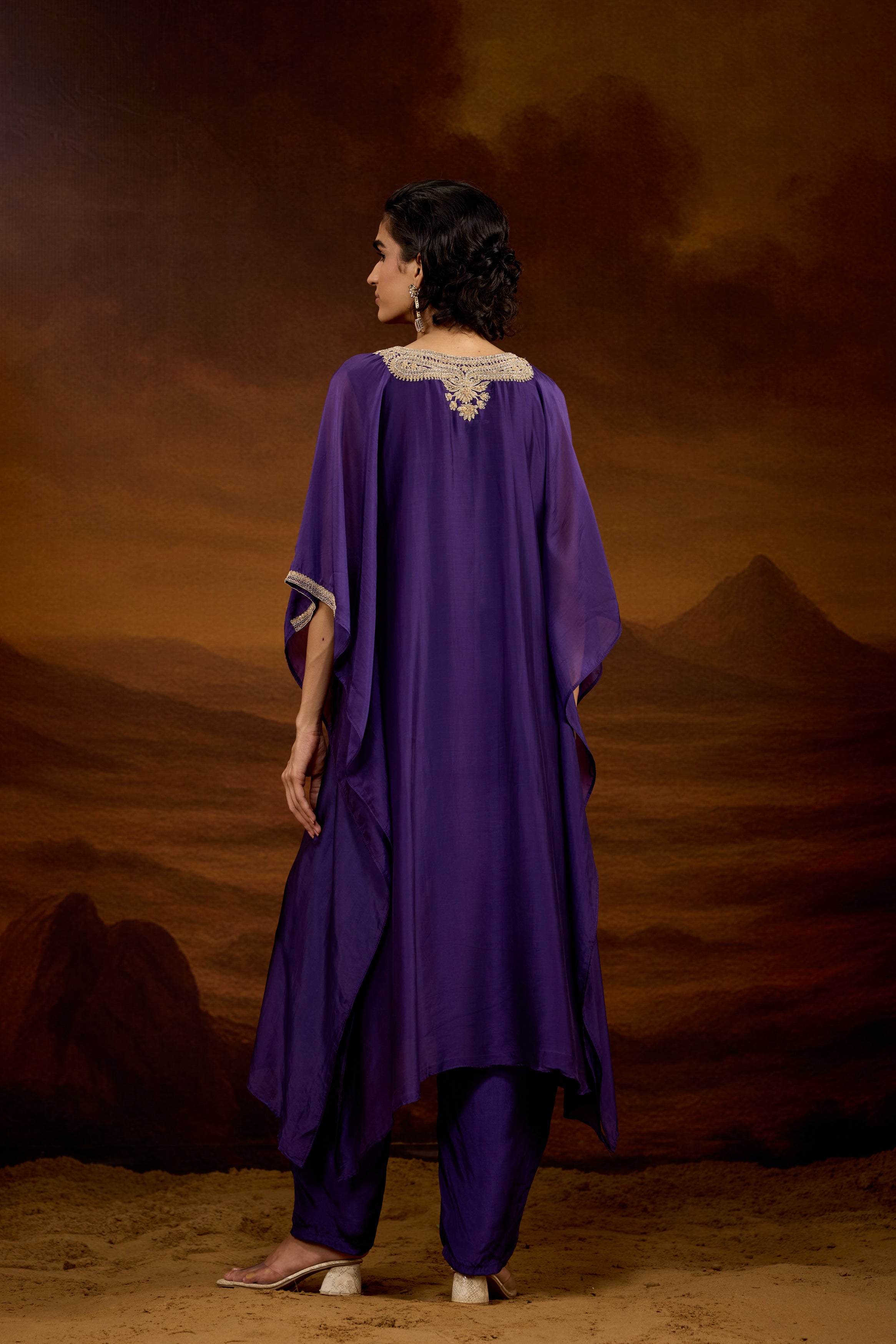 Royal Purple Embellished Satin Silk Kaftan Set