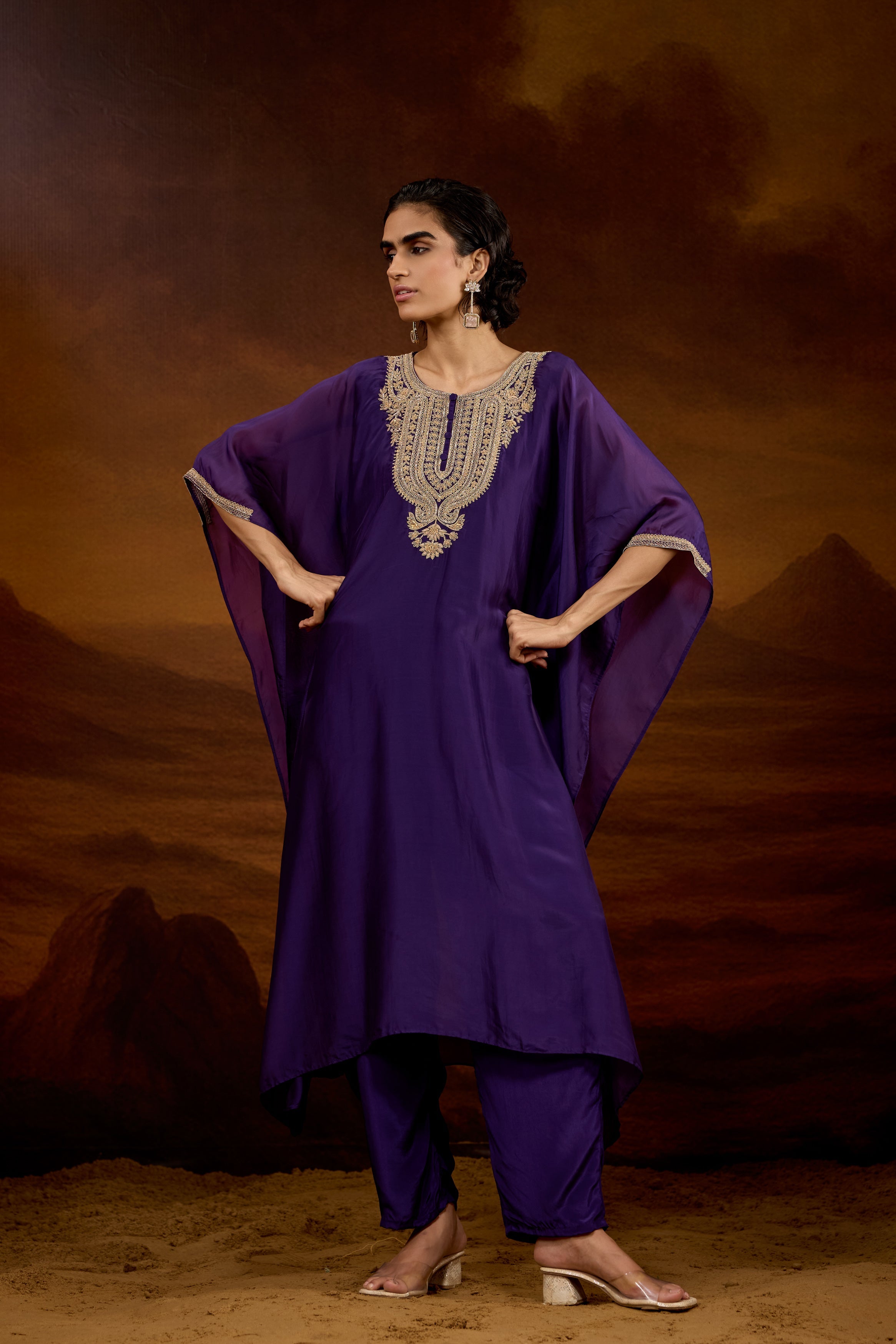 Royal Purple Embellished Satin Silk Kaftan Set