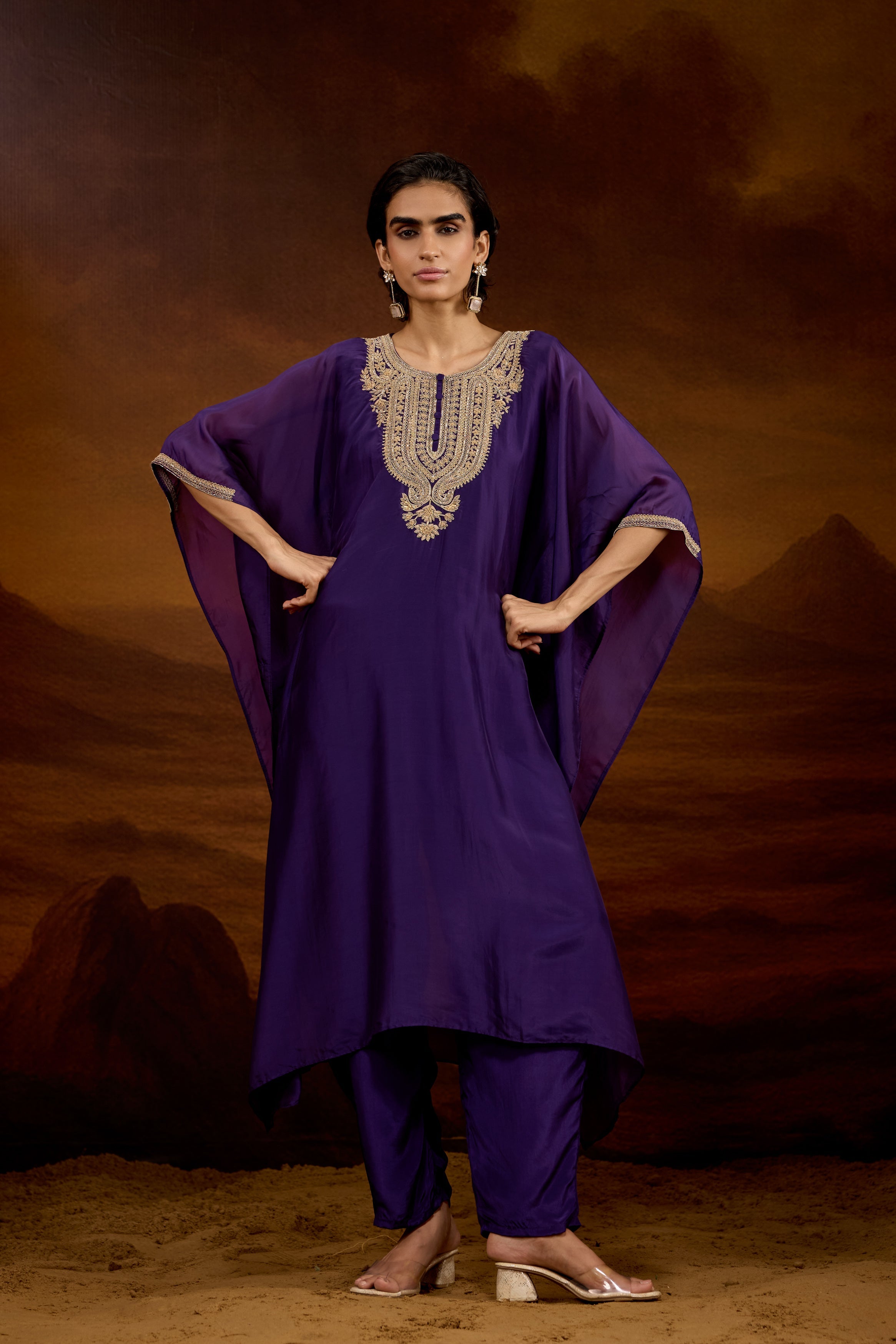 Royal Purple Embellished Satin Silk Kaftan Set