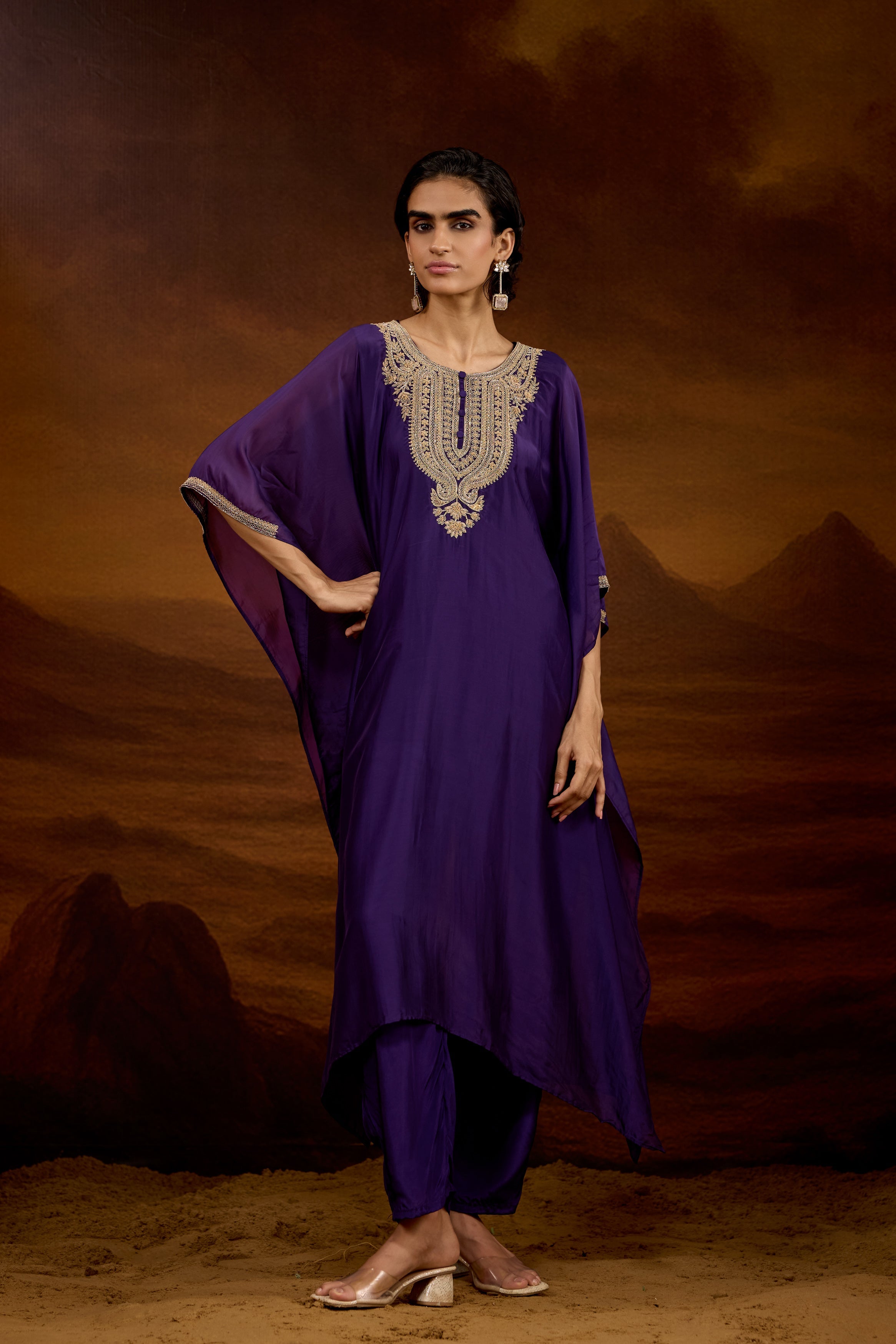 Royal Purple Embellished Satin Silk Kaftan Set