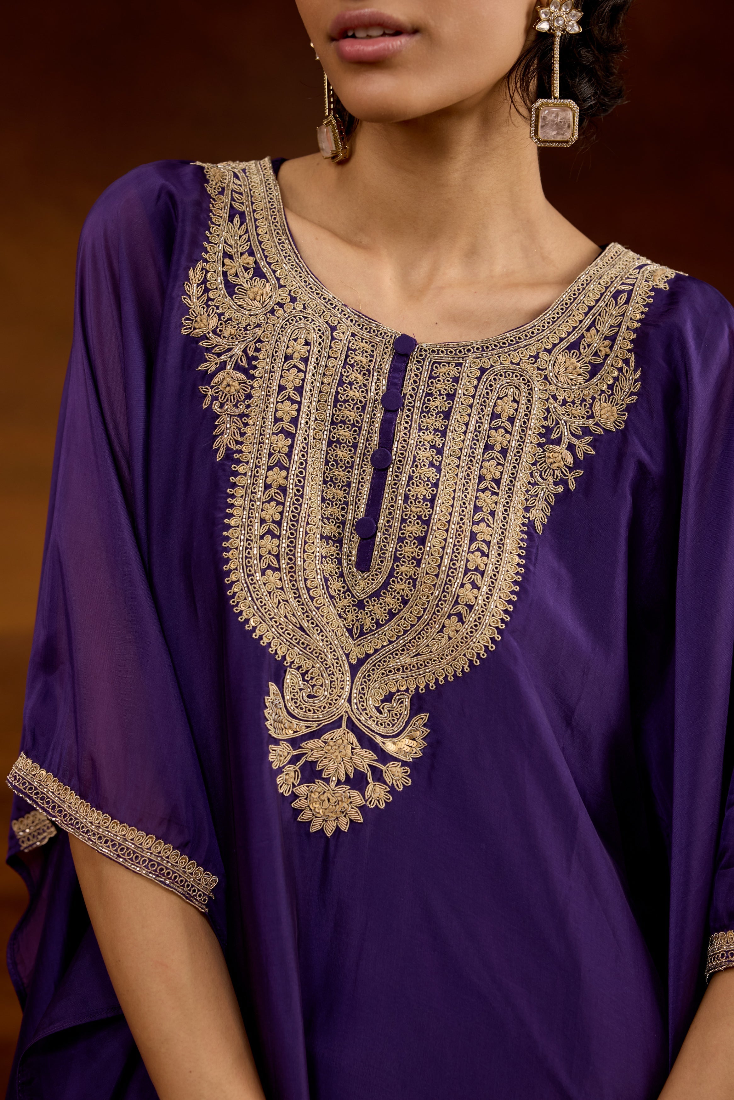 Royal Purple Embellished Satin Silk Kaftan Set