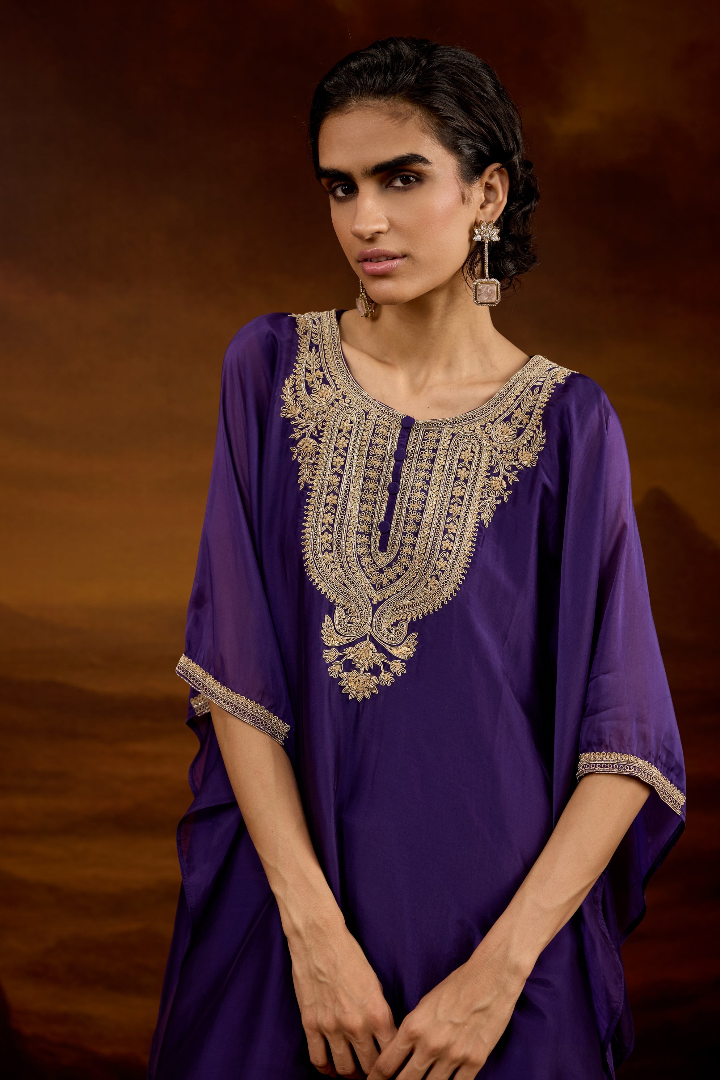Royal Purple Embellished Satin Silk Kaftan Set
