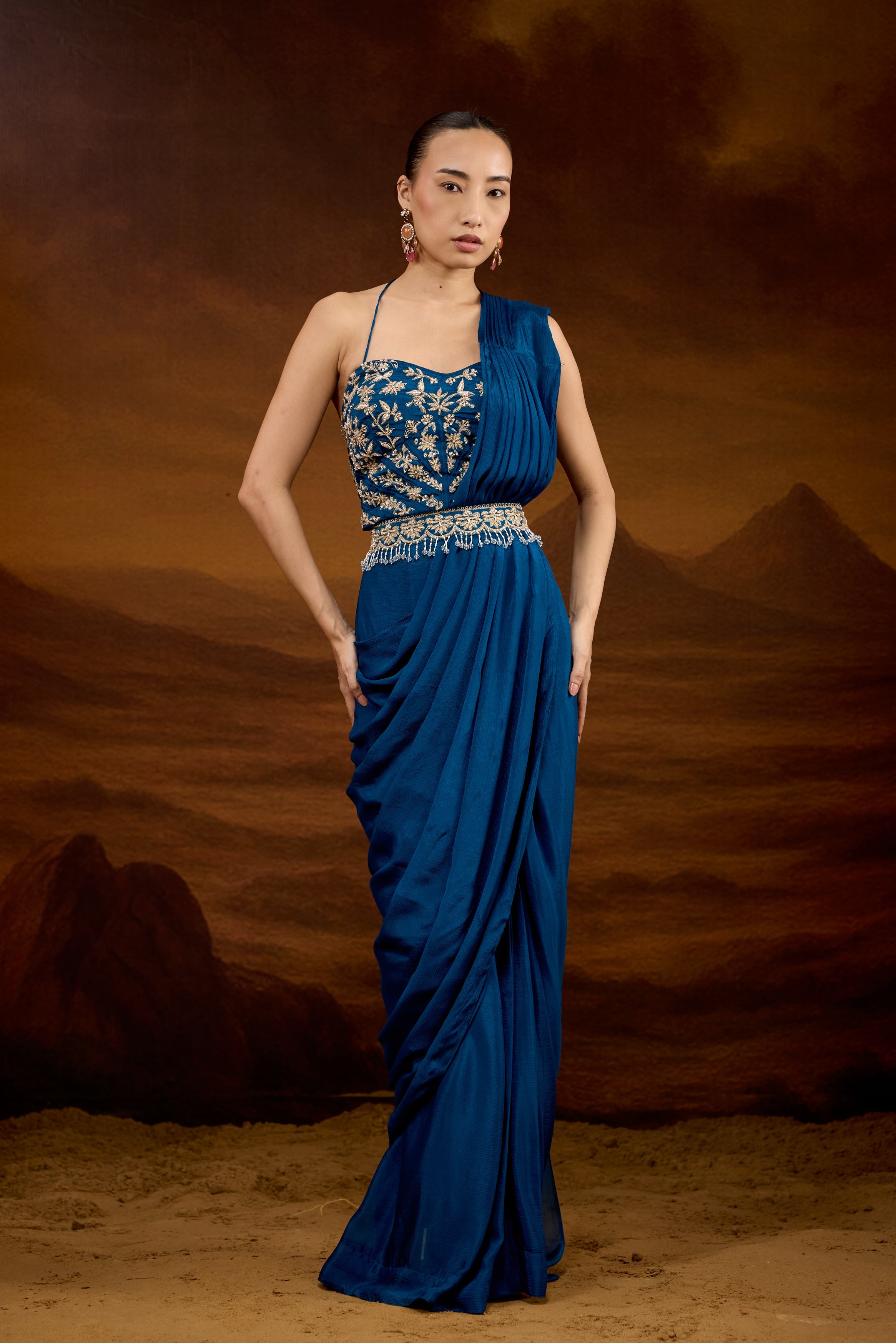 Teal Blue Embellished Chinon Silk Draped Saree